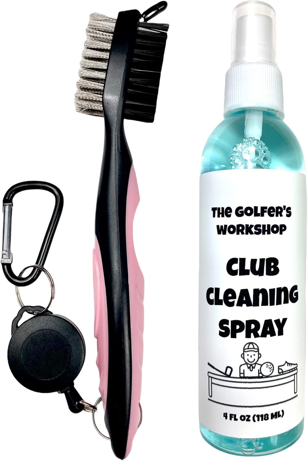 The Golfer's Workshop Club Cleaning Kit - 4oz Spray, Golf Club Brush with Groove Cleaner, 2ft Retractable Zip-line, Carabiner Clip (Pink)
