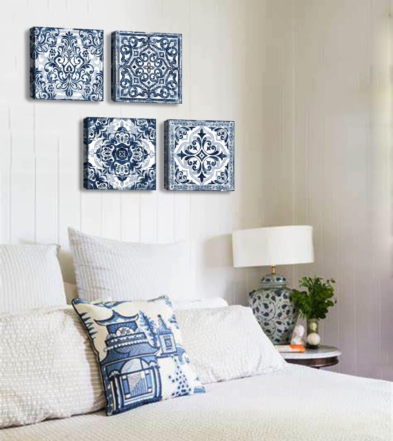 DJSYLIFE Bathroom Wall Decor Navy Blue Flower Paintings Canvas Prints Decoration Vintage Wall Art for Bedroom Framed Ready to Hang 12" Wx12 Hx4 pcs