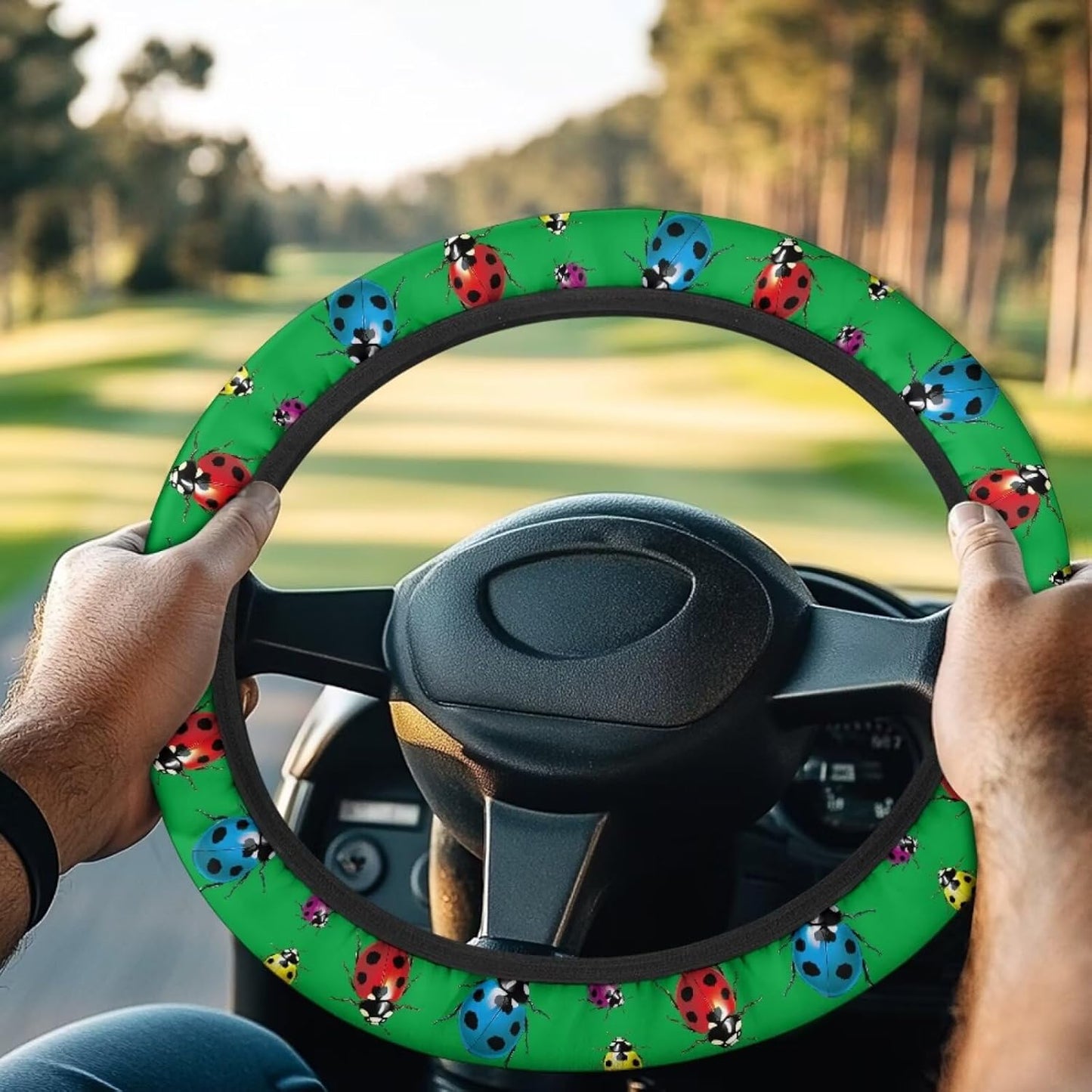 Ladybug Print Golf Cart Steering Wheel Cover Green 13-14 Inch Golf Cart Steering Wheel Covers Anti-Slip Universal Fit Club Car Accessories, Breathable Interior Decor