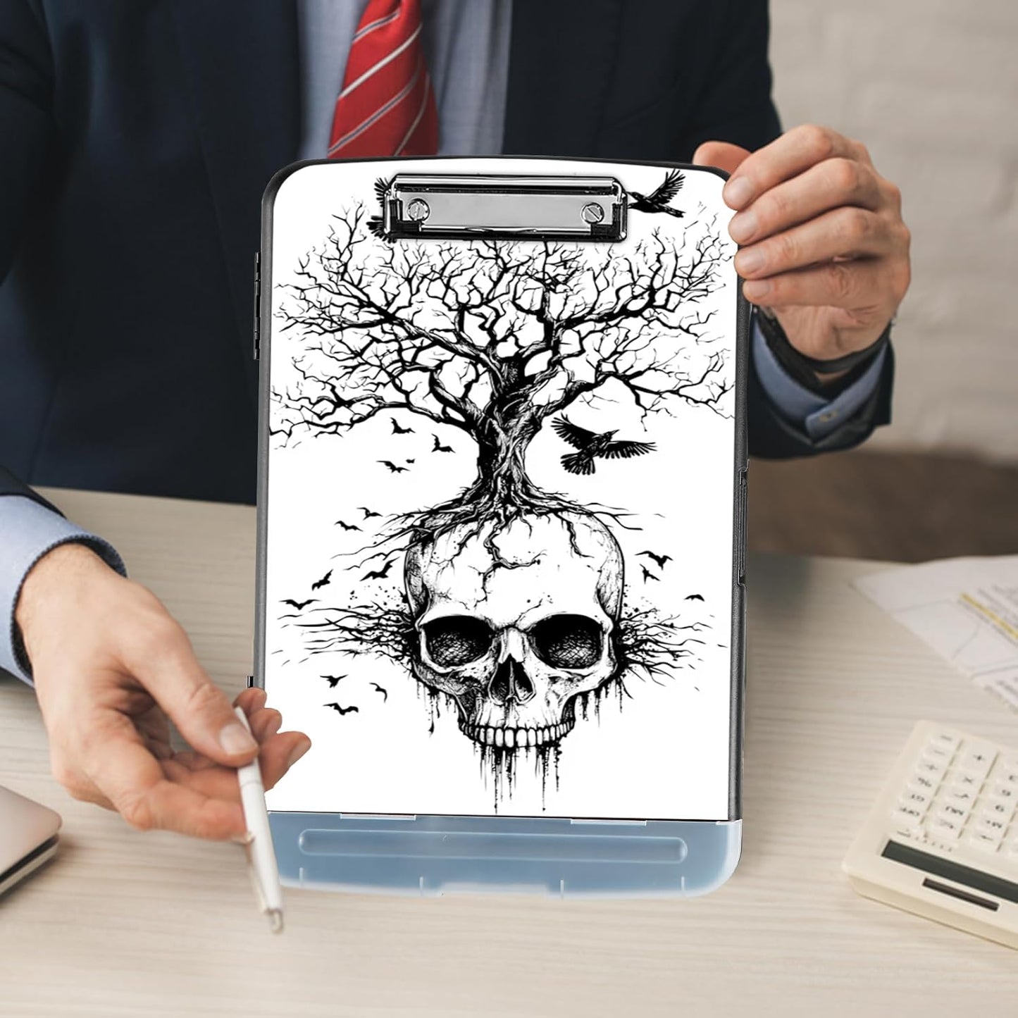 Clipboard with Storage - Large Capacity,Nursing Clipboard with Pen Holder,Heavy Duty,Plastic Side-Opening Folder for Teacher,Nurse - Crow Skull