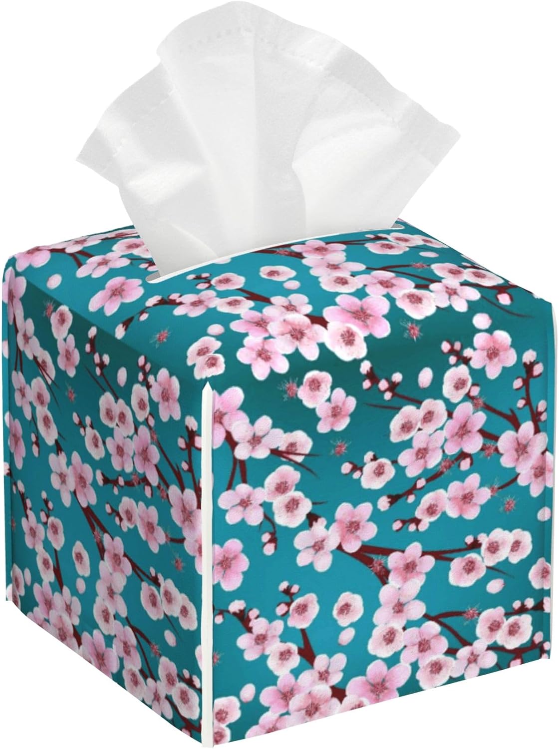 Pink Cherry Flowers Tissue Box Cover Square,Plum Leather Tissue Holder with Bottom Belt,Waterproof Leather Facial Paper Organizer Tissue Box Cover for Home Office Vanity Countertop,5.2" x 5.2" x 5.2"