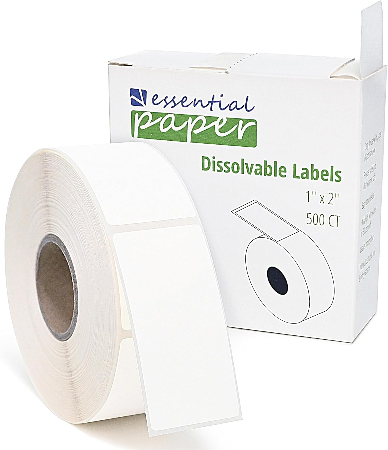 ESSENTIAL 500 Dissolvable Food Labels, 1 x 2 Inch Blank White for Food Storage, Containers, Mason Jars, Freezer(1 Roll - 500 Labels)