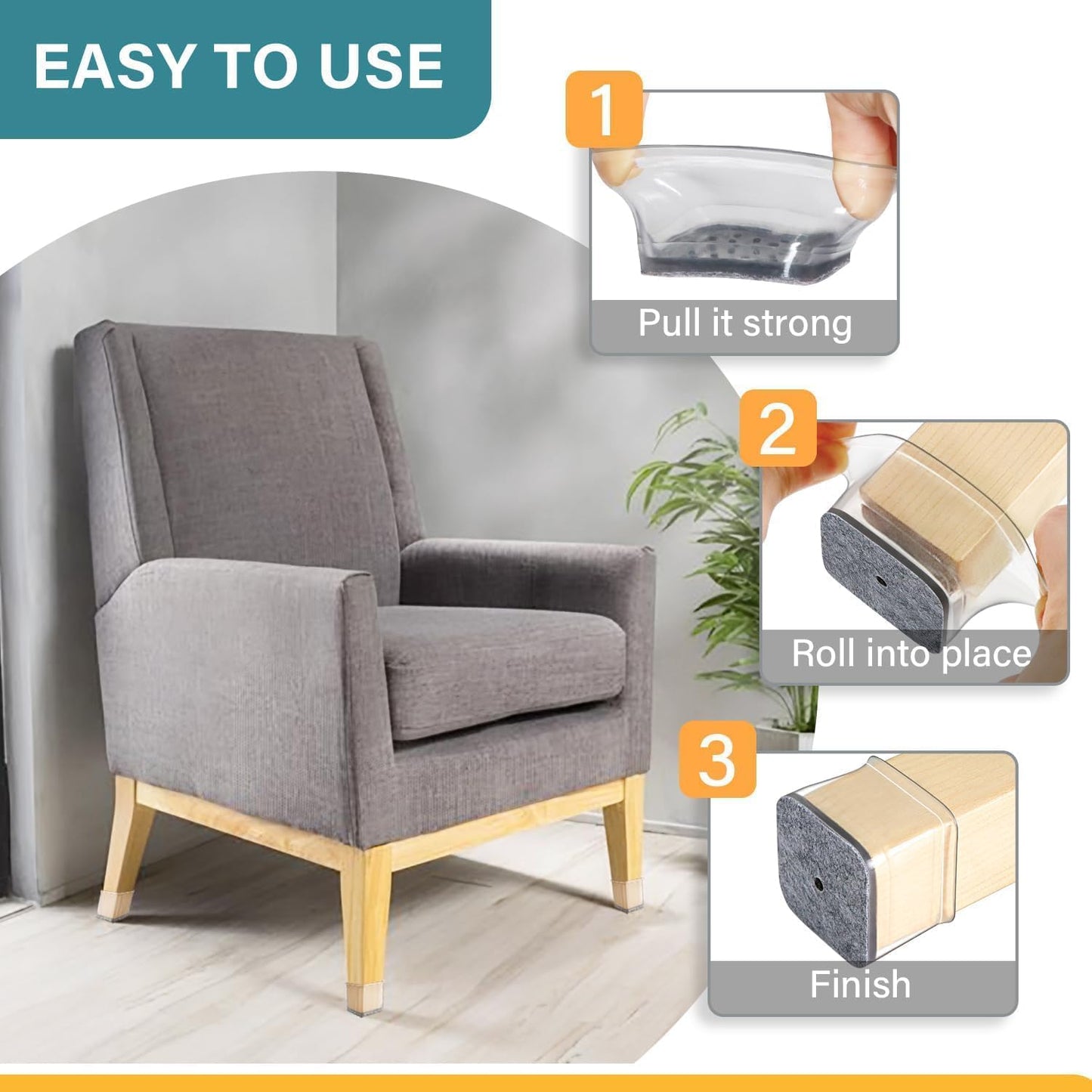 Ansible 24 Pcs Chair Leg Floor Protectors Square, Silicone Felt Furniture Leg Pads Caps Covers for Hardwood Floors (Fit:1-1/16" to 1-5/8")