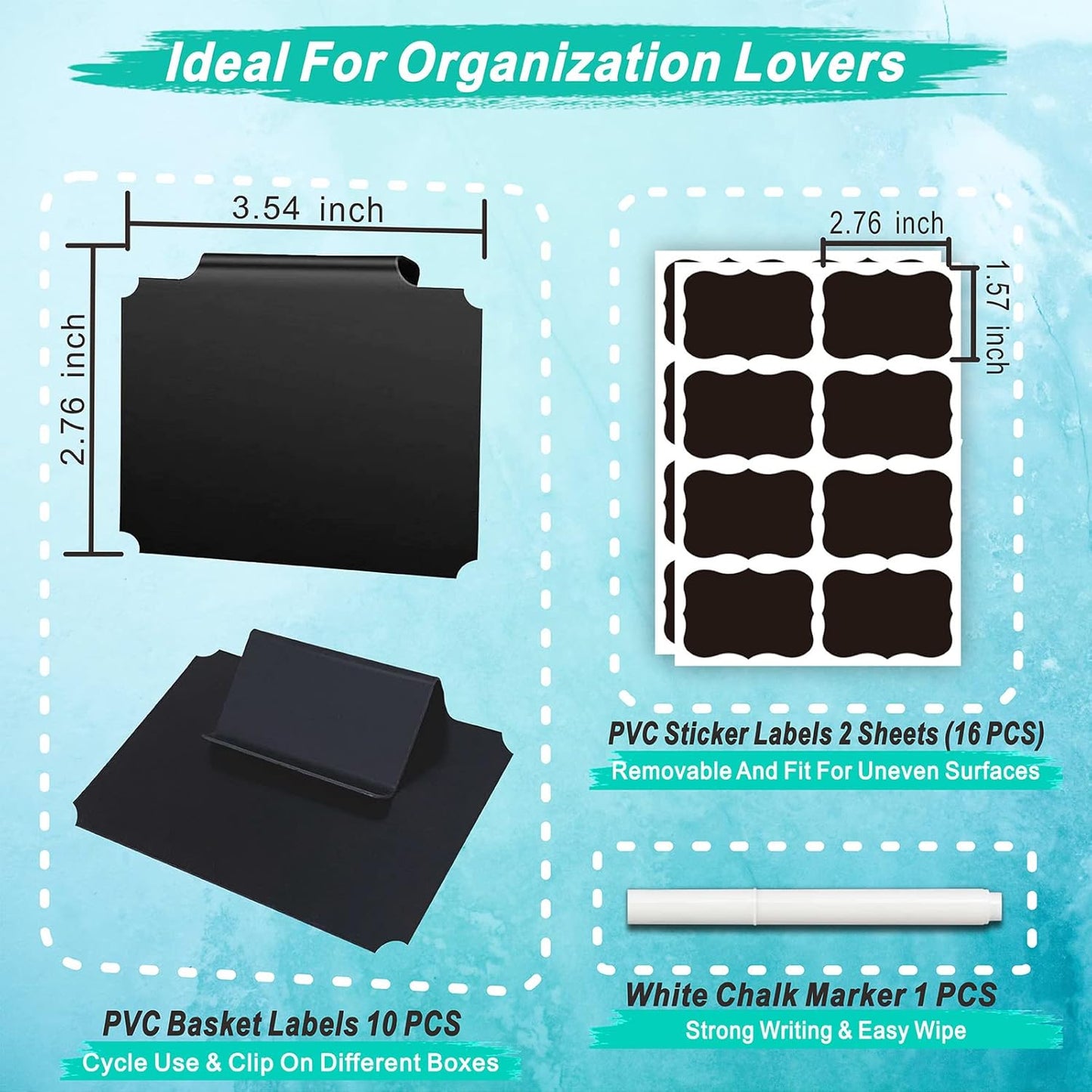 27-Piece Set of Basket Labels Clip On for Storage Bins: 10 Erasable Plastic Kitchen Pantry Labels, 16 Removable PVC Tag Stickers, 1 White Chalk Marker, for Organization Container, Jar, Shelf, Laundry