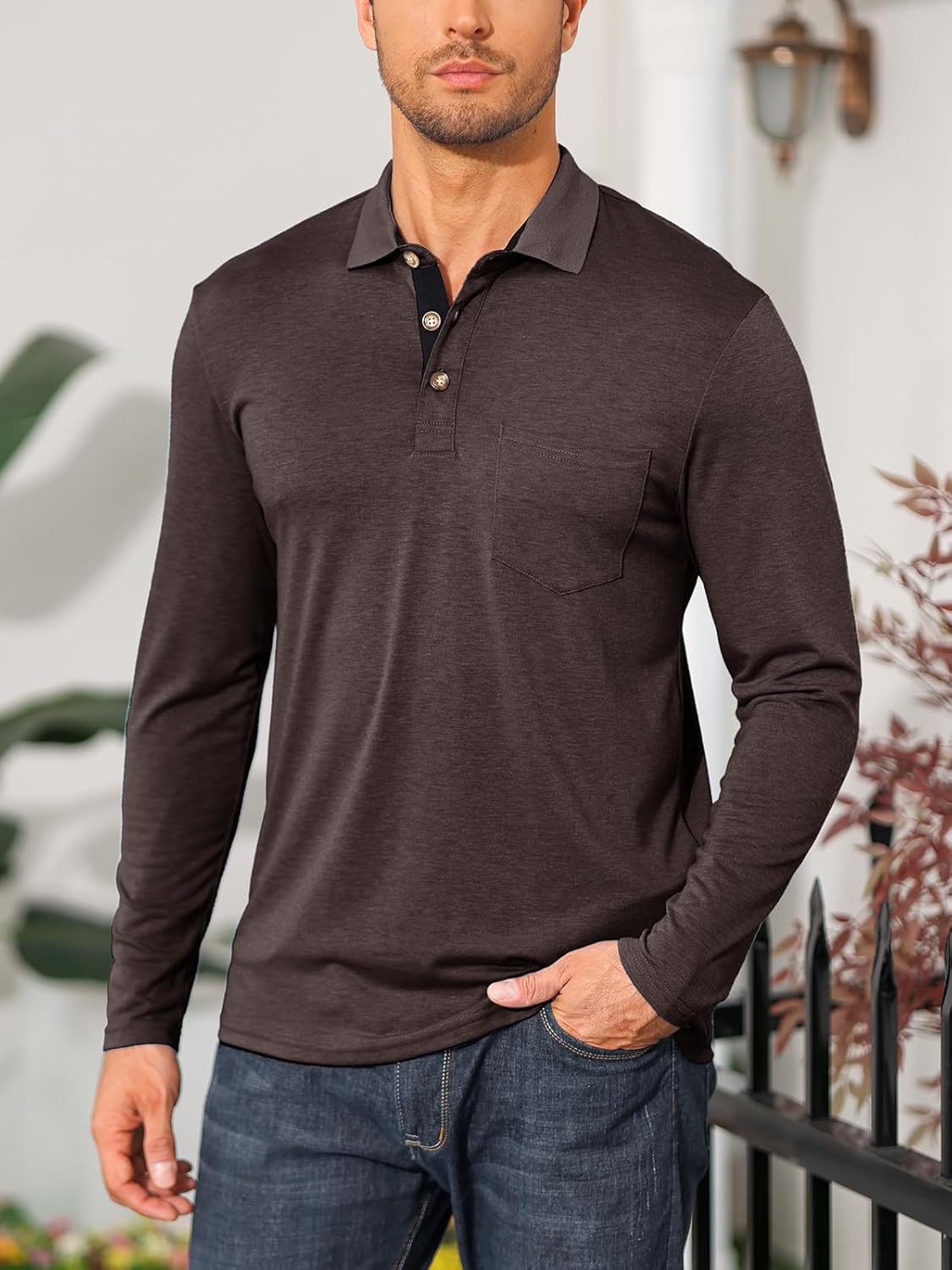 Mens Long Sleeve Polo Shirts Casual Moisture Wicking Golf Polo Shirts with Pocket