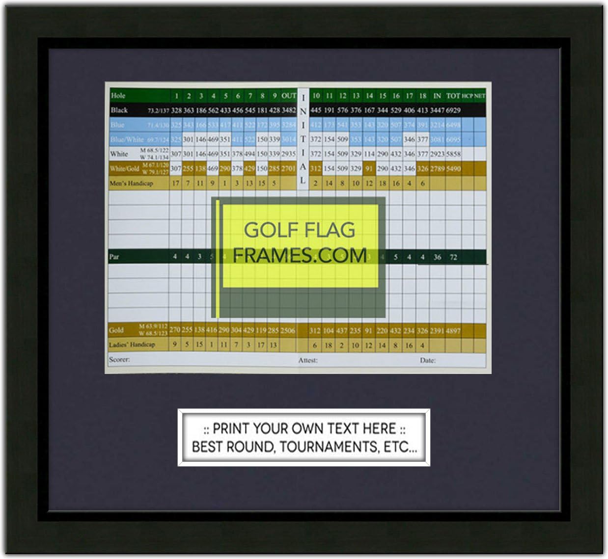 Custom Size Golf Scorecard Frame; Black Wood Frame 416, You choose Scorecard Size and Mat Color; scorecard and verbiage not included (Scorecard Size 6x8H, Mat Color True Navy)