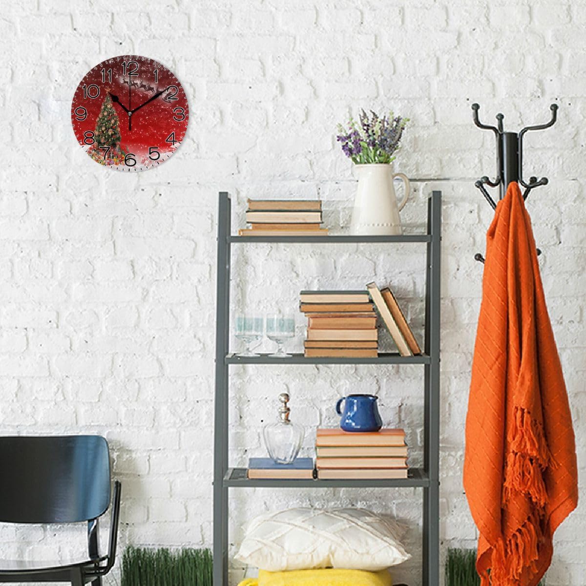 Santa Claus Christmas Tree Wall Clock Battery Operated Non Ticking Silent Quartz Analog Rustic Farmhouse Round Clock Retro Decor for Home Kitchen Living Room Bathroom