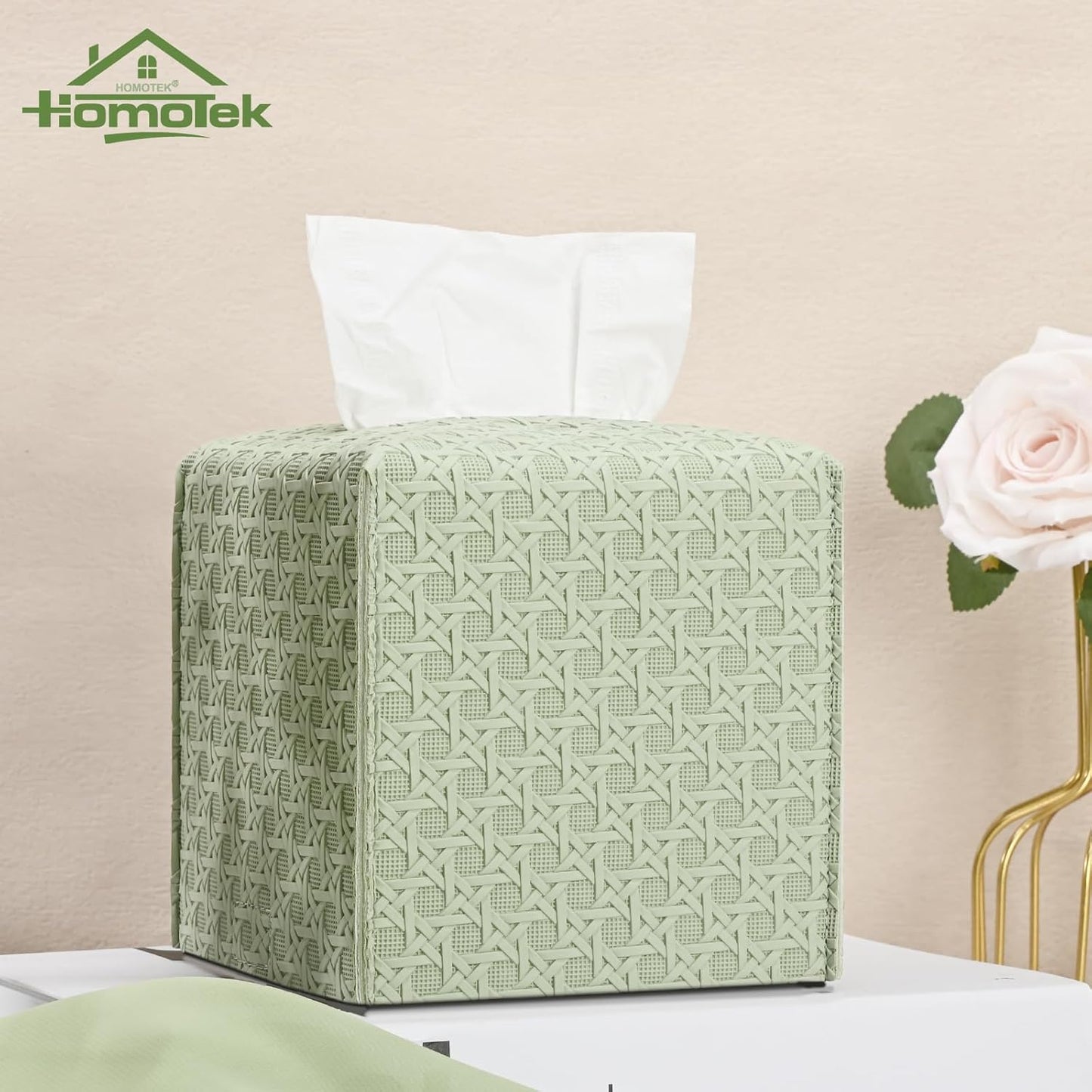 HOMOTEK 2 Pack Tissue Box Cover, Square PU Leather Tissue Holder, Decorative Facial Tissue Cube Paper Organizer Dispenser for Bathroom, Night Stands, Desk, Car 5X5X5'' - Rattan Weave,Mint Green