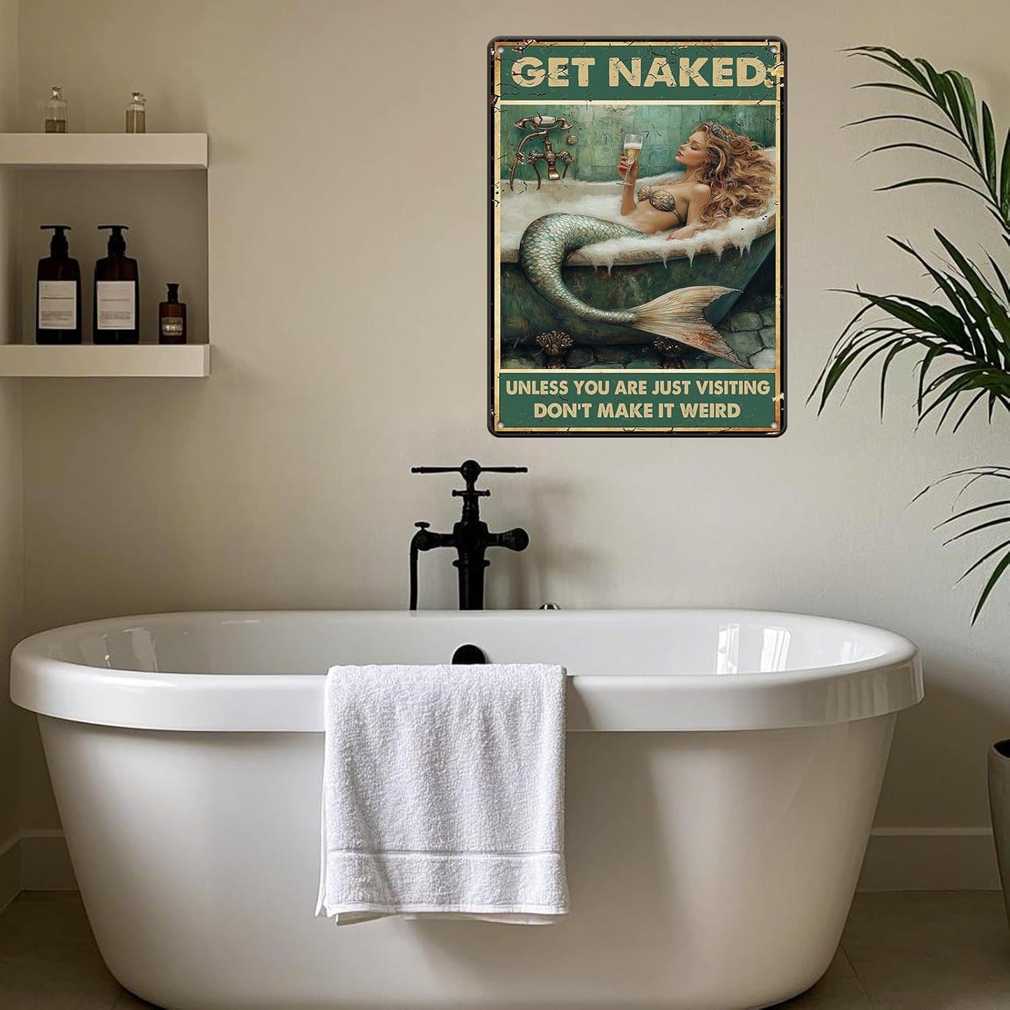 Vintage Tin Sign Metal Tin Sign Mermaid Get Naked Don't Make It Weird Metal Sign Iron Painting Retro Wall Decor Poster for Home Hotel Cafes Sign Gift 12x16 Inch