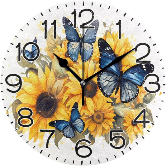 Blue Butterflies Yellow Sunflowers Wall Clock Battery Operated Non Ticking Silent Quartz Analog Rustic Farmhouse Round Clock Retro Decor for Home Kitchen Living Room Bathroom