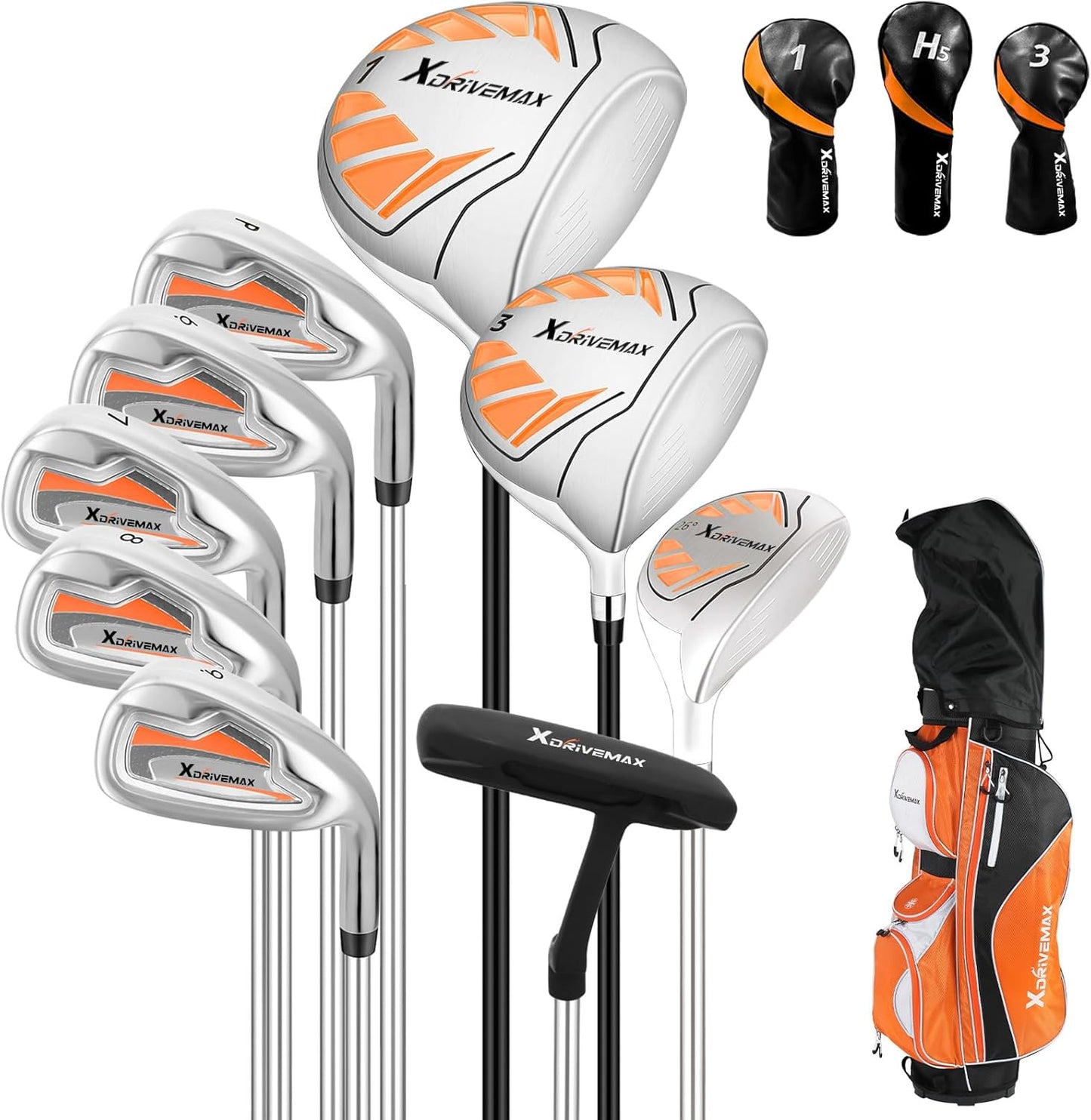 10 Pieces Golf Clubs Full Set Mens Right Hand,Golf Set Includes Stand Bag with Rain Hood, 1#Driver 3#Wood #5 Hybrid,with 3 Head Covers, 6# 7# 8# 9# PW# Irons and Putter