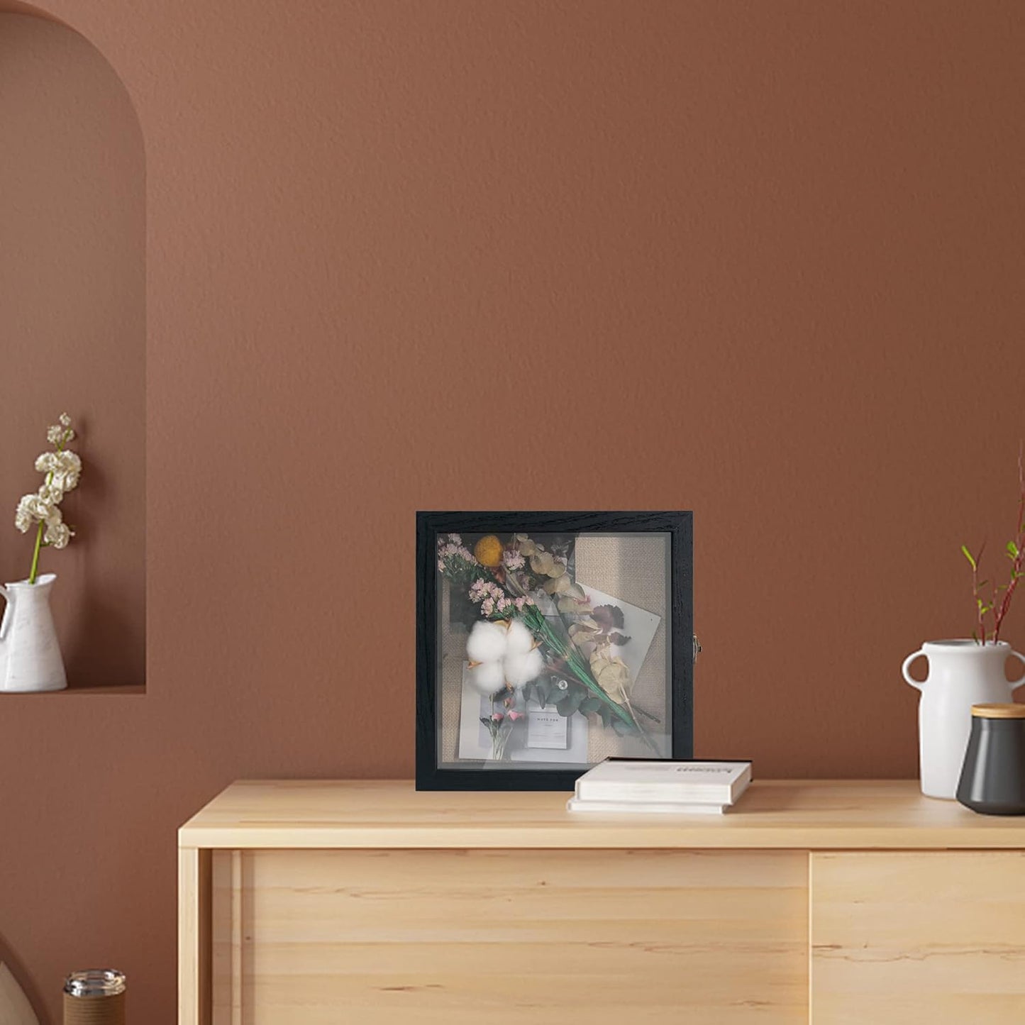 GraduatePro Shadow Box Frame 8x8 Display Case with Linen Back, Real Glass Window Door with Hinge, Picture Frame Wedding Bouquet Memorabilia Medals Photos Memory Box for Keepsakes, Rustic Black