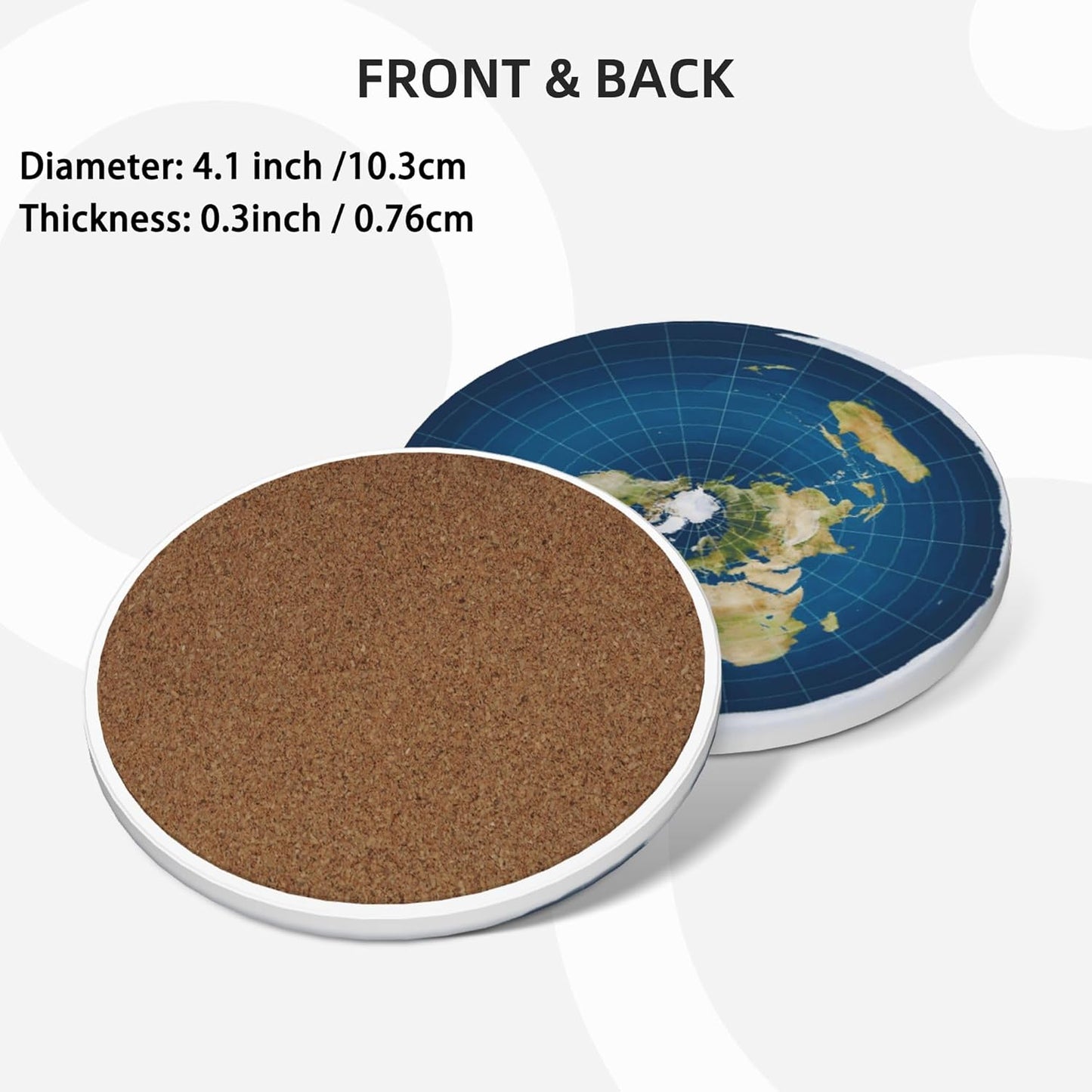 Flat Earth Map Model Coasters for Drinks Set of 4, Absorbent Ceramic Drink Coasters for Coffee Table Wooden Table Cup Bar, 4 Inches