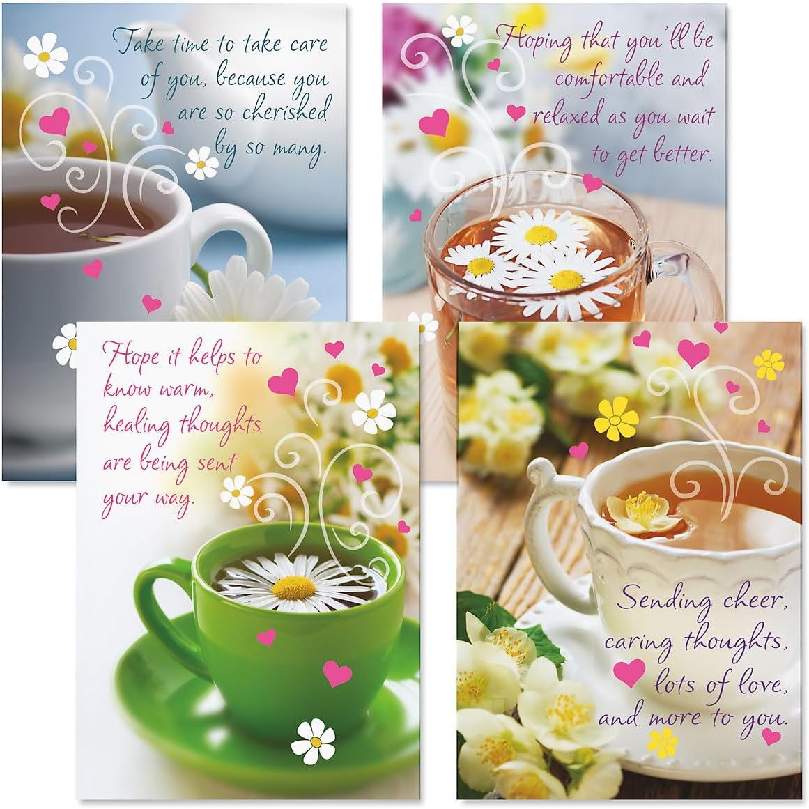 Teacup Get Well Greeting Cards - Set of 8 (4 Designs), Large 5" x 7", Sympathy Cards with Sentiments Inside, White Envelopes