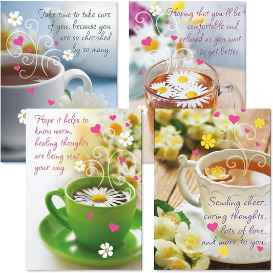 Teacup Get Well Greeting Cards - Set of 8 (4 Designs), Large 5" x 7", Sympathy Cards with Sentiments Inside, White Envelopes