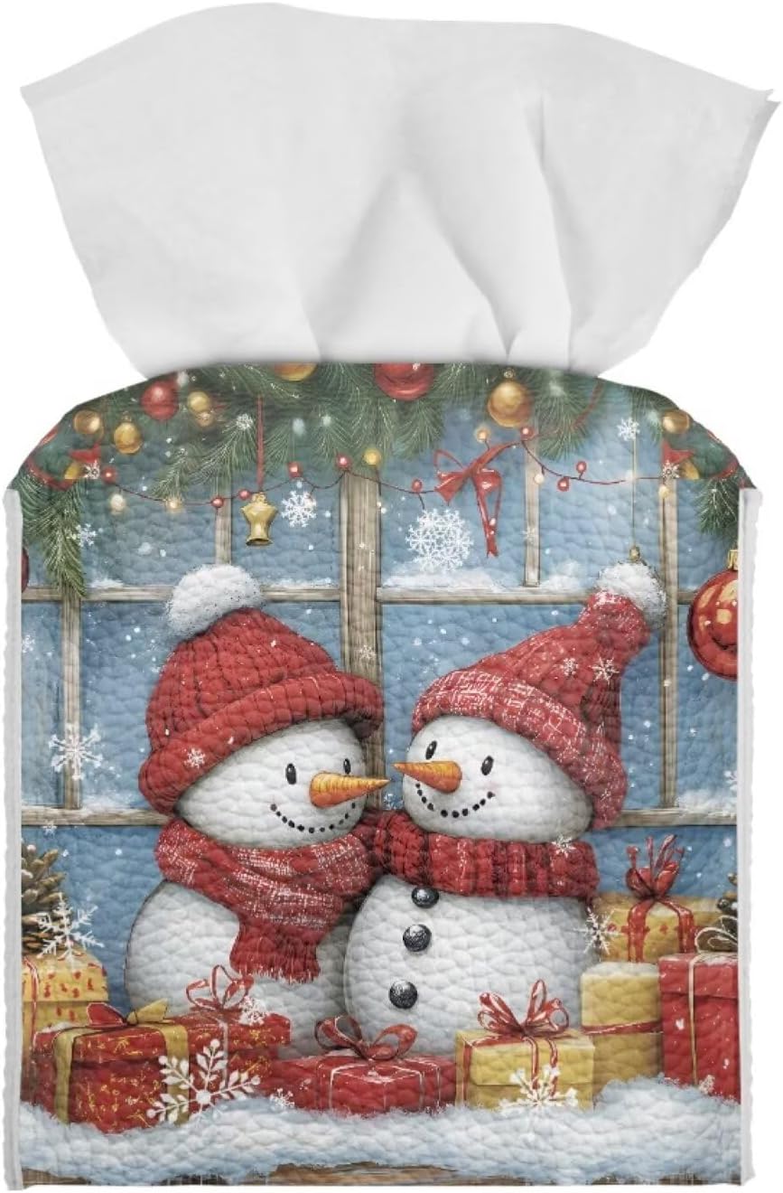 Christmas Tissue Box Cover Square Leather Tissue Cover 5x5x5 inch Facial Paper Box Holder Xmas Decorations for Desk Bathroom Vanity Countertop