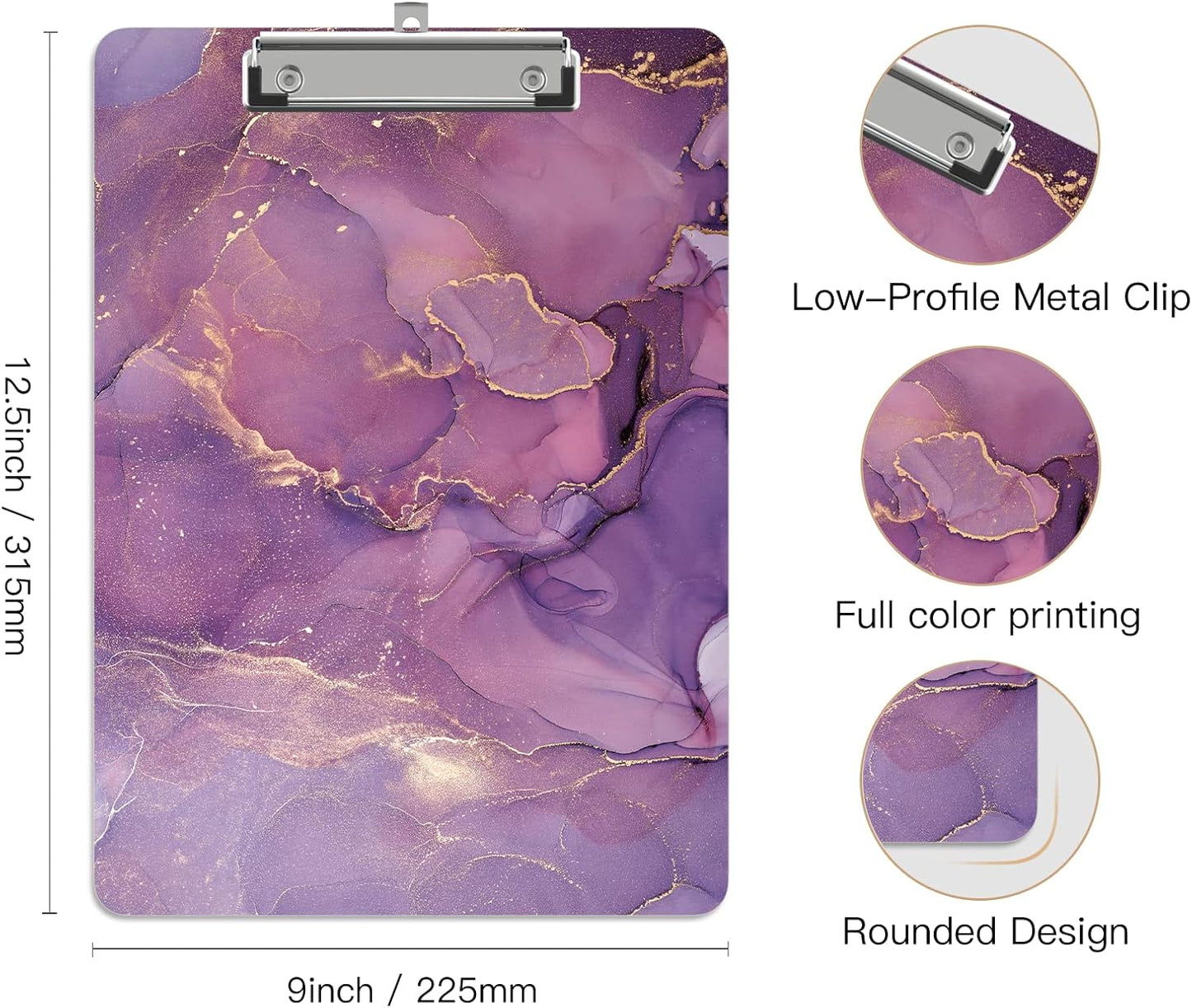 Plastic A4 Clipboards, Cute Clip Board Stardard Letter Size 9 x 12.5 in, Office Decorative for Students Women Men and Kids, Purple Marble