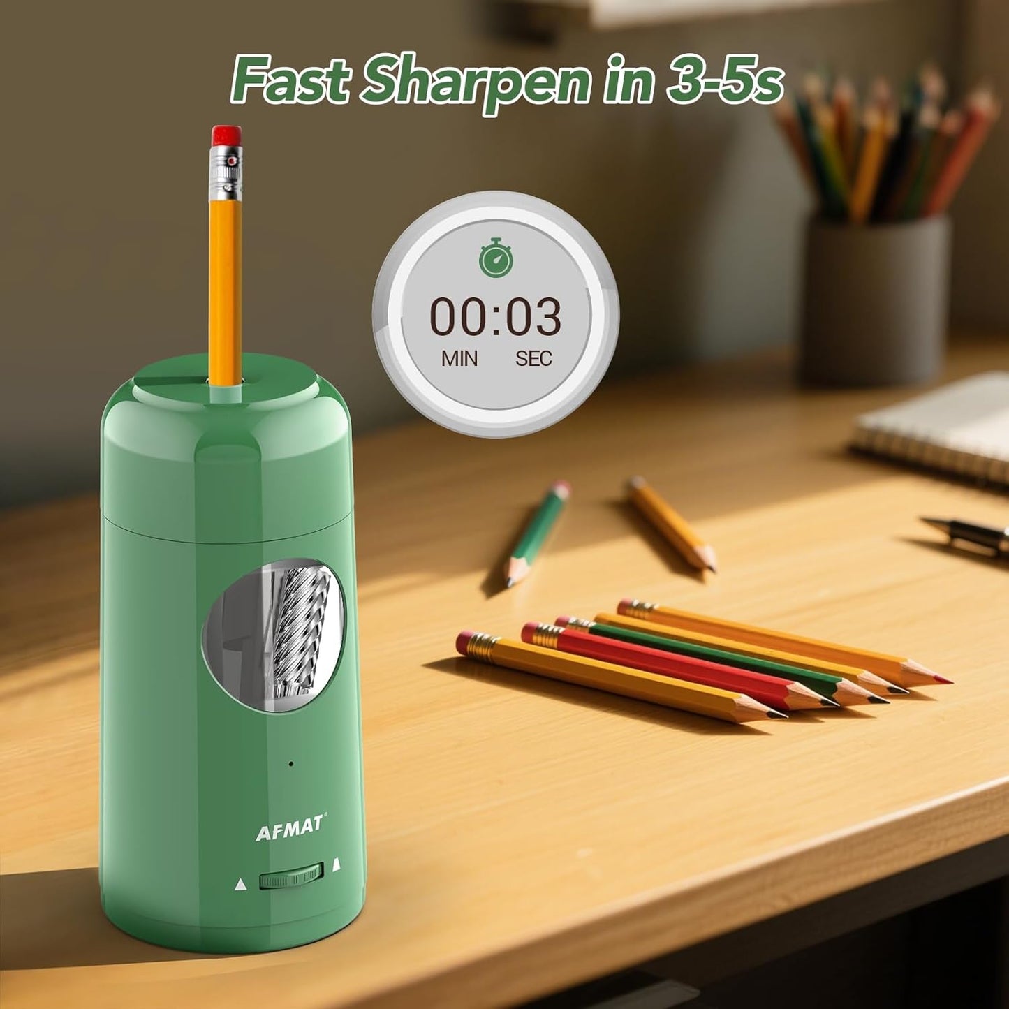 AFMAT Electric Pencil Sharpener, Rechargeable Fully Automatic Pencil Sharpener for Jumbo & Colored Pencils (7-11.5mm), Auto in/Out, Hands-Free, Portable for Home/Classroom/Office PSX6(Green)