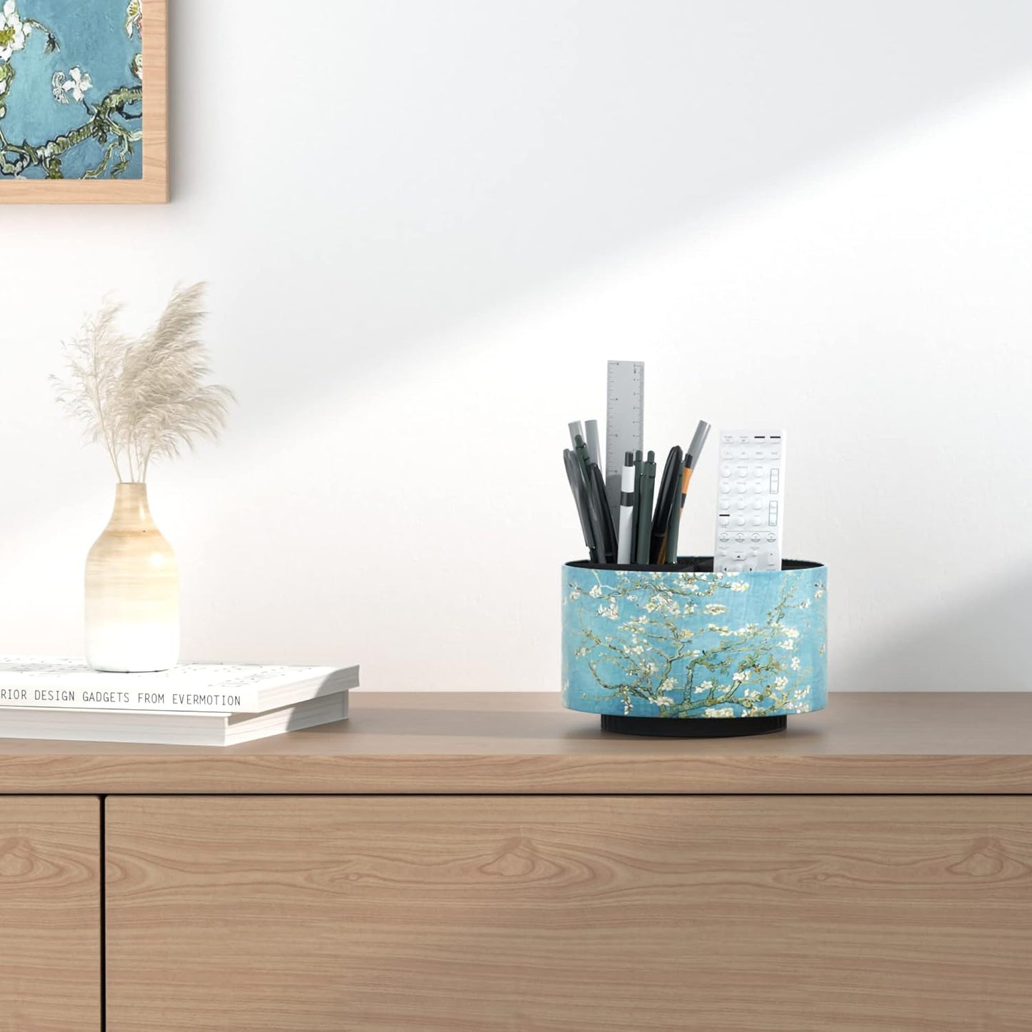 Hennaja Round Leather Art Supply Organizer,Remote Control Holder,360 Degree Rotating,Multi-Functional Pencil Holder,4 Compartments Desktop Stationary Organizer(1-Peach Blossom)