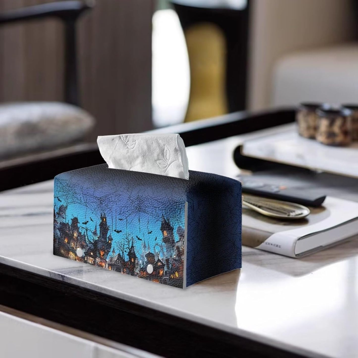 Rectangular Tissue Box Cover Castle Bat Spider Web Print Modern Decorative Tissue Box Case Organizer Holder Large Capacity Design Gothic Halloween Home Decoration Tissue Holder for Bathroom