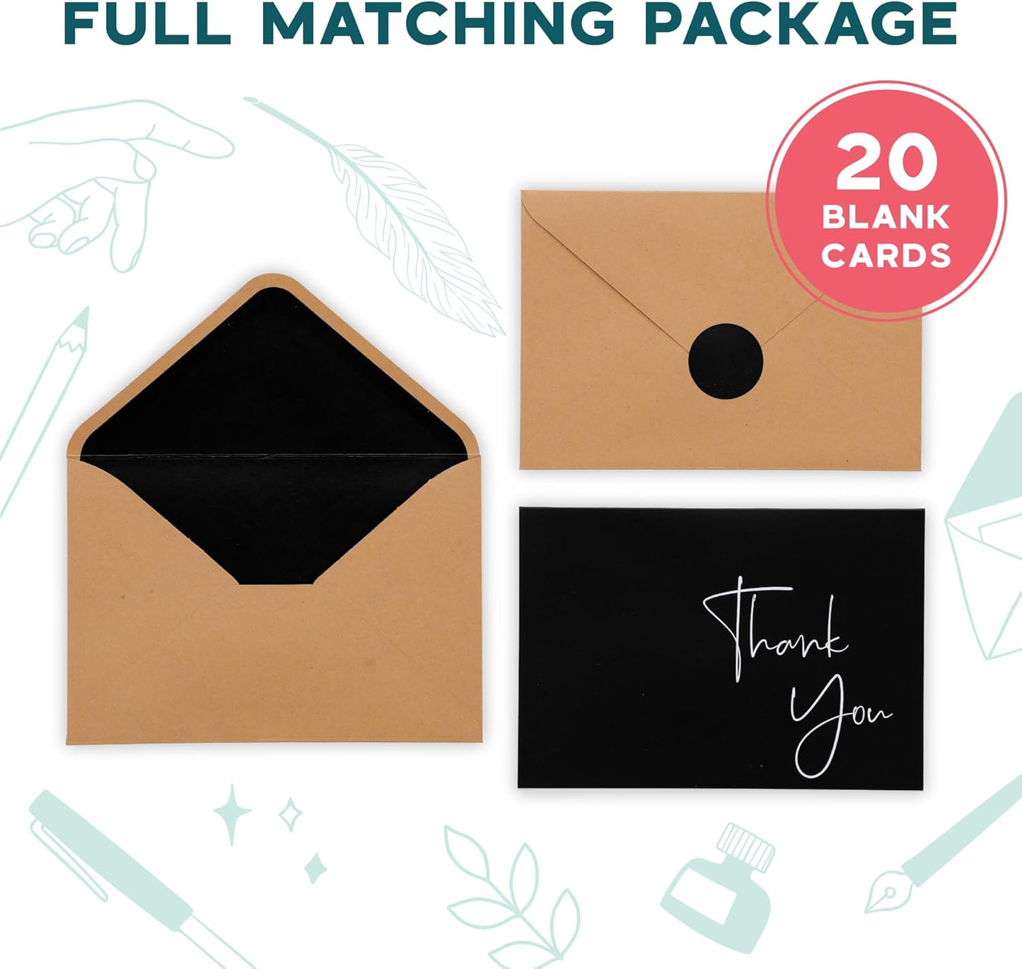 VNS Creations 50 Pack Thank You Cards With Envelopes, Stickers, 3.5x5 Inch Blank Thank You Notes - Bulk Box Set Notes for Graduation, Wedding, Small Business, Baby & Bridal Shower Card - Black