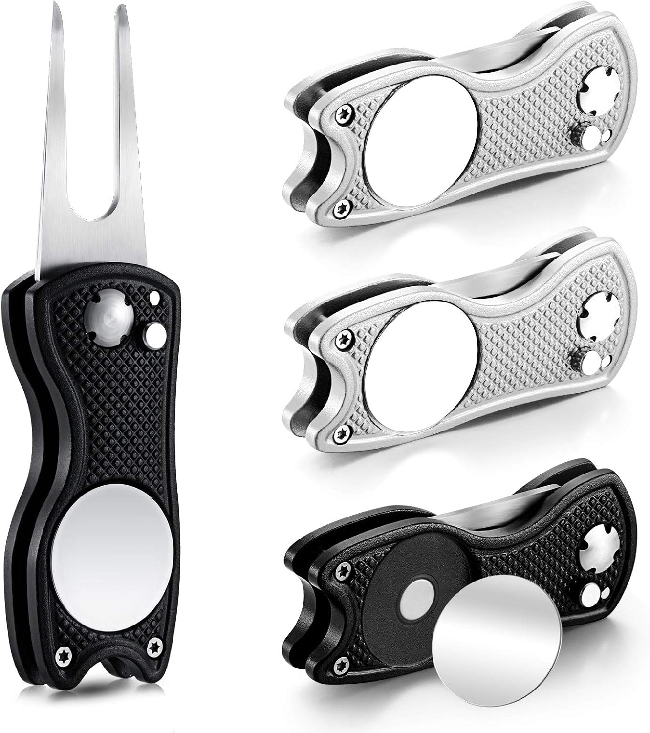 Skylety 4 Pcs Golf Divot Repair Tool Metal Foldable Golf Divot Tool with Magnetic Pop-up Button Ball Marker Stainless Steel Switchblade for Golfers Prizes