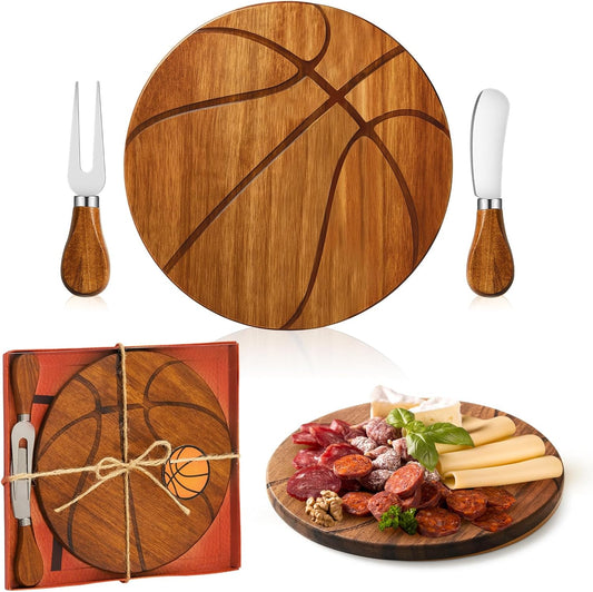 Basketball Cheese Board Gift Set Party Favor Prizes Charcuterie Wood Board with Knives and Box Father Day Gift for Dad Grandpa Party Tournament Game(7.9"x 7.9", Acacia Color)