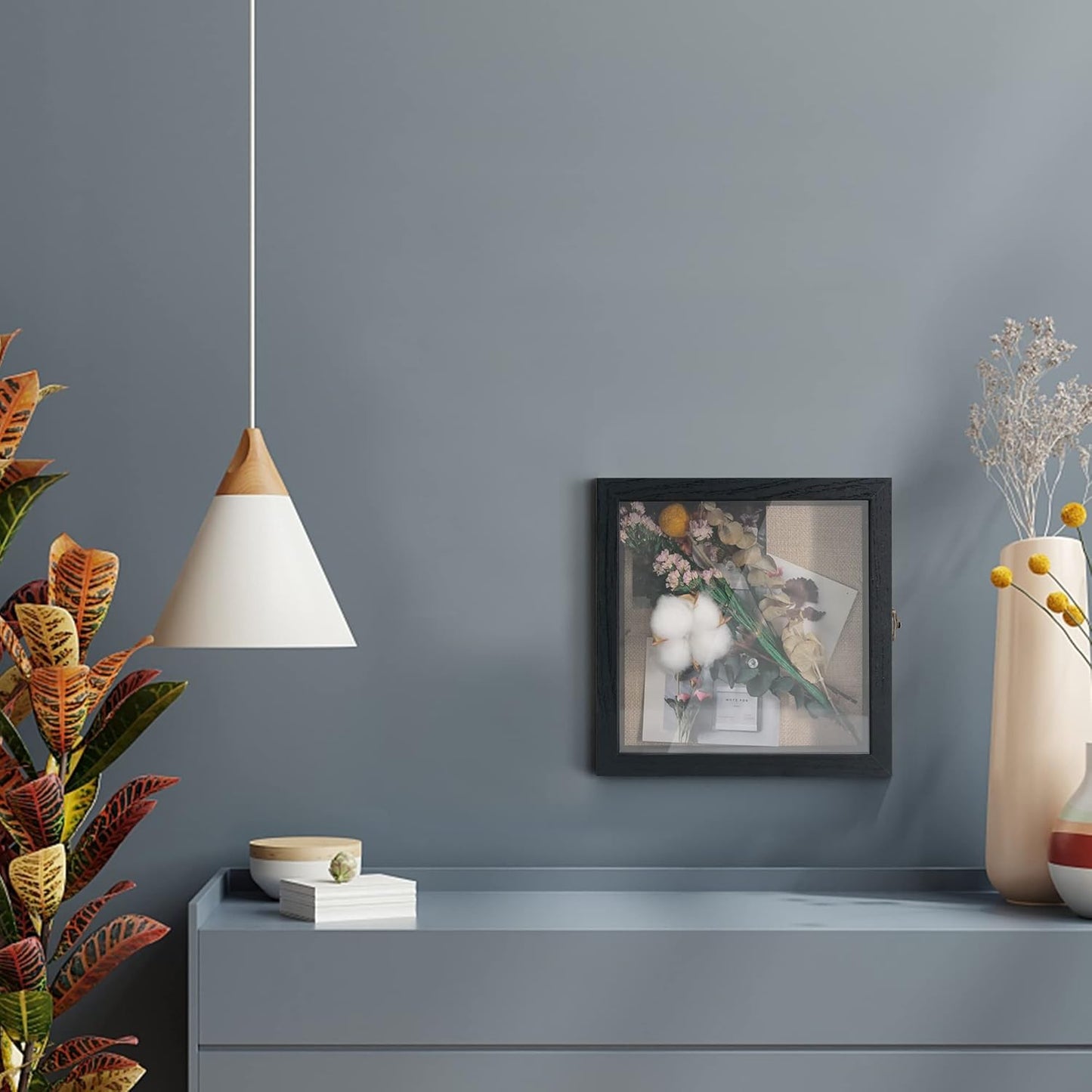 GraduatePro Shadow Box Frame 8x8 Display Case with Linen Back, Real Glass Window Door with Hinge, Picture Frame Wedding Bouquet Memorabilia Medals Photos Memory Box for Keepsakes, Rustic Black