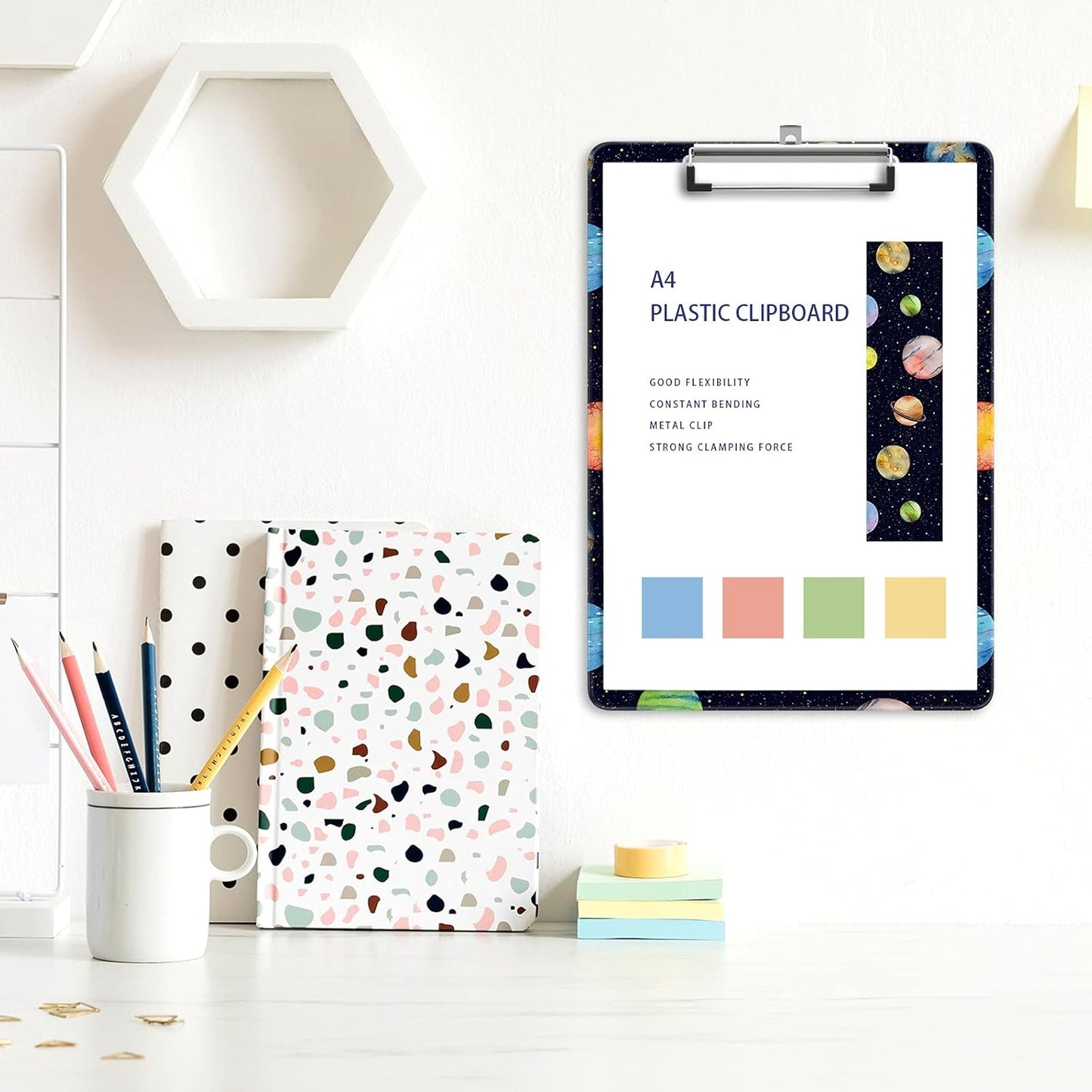 Plastic A4 Clipboards, Cute Clip Board Stardard Letter Size 9 x 12.5 in, Office Decorative for Students Women Men and Kids, Planet