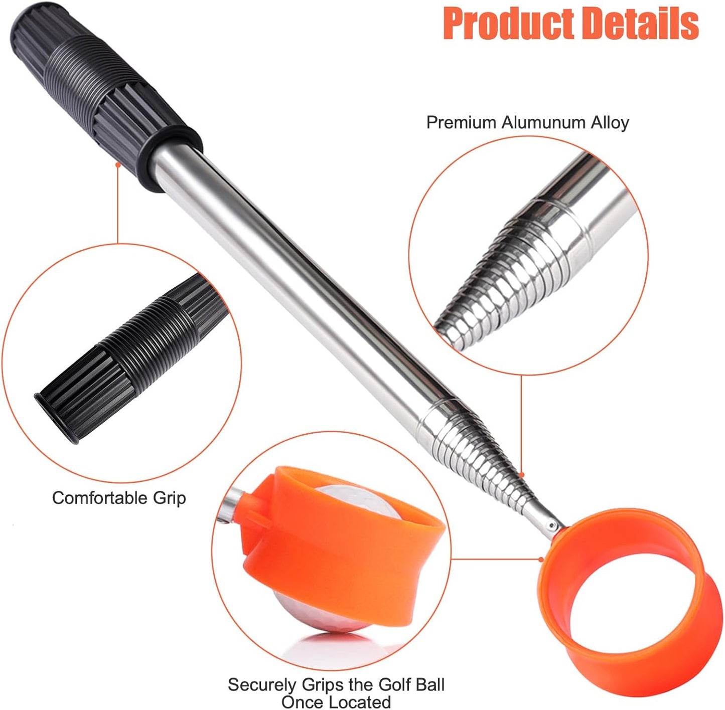 Golf Ball Retriever Telescopic, 12Ft Aluminum Alloy Golf Ball Retriever for Water, Ball Retriever Tool Golf Ball Grabber, Telescopic | Two-Sided | Easy Grab Ball | Golf Gifts for Men & Golfers