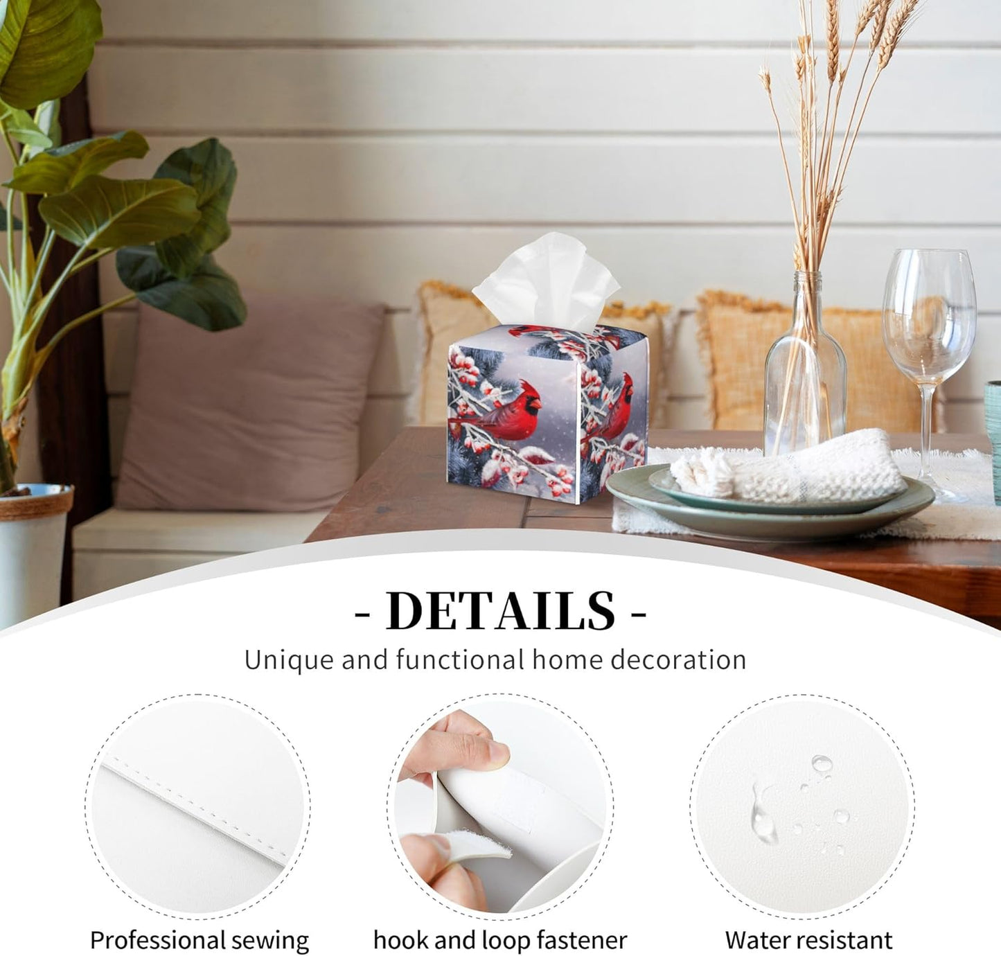 Christmas Red Cardinal Tissue Box Cover Square,Winter Christmas Cardinal Bird Tissue Box Holder Waterproof Leather Facial Paper Organizer Dispenser for Bathroom Home Car Nightstand Vanity Desk