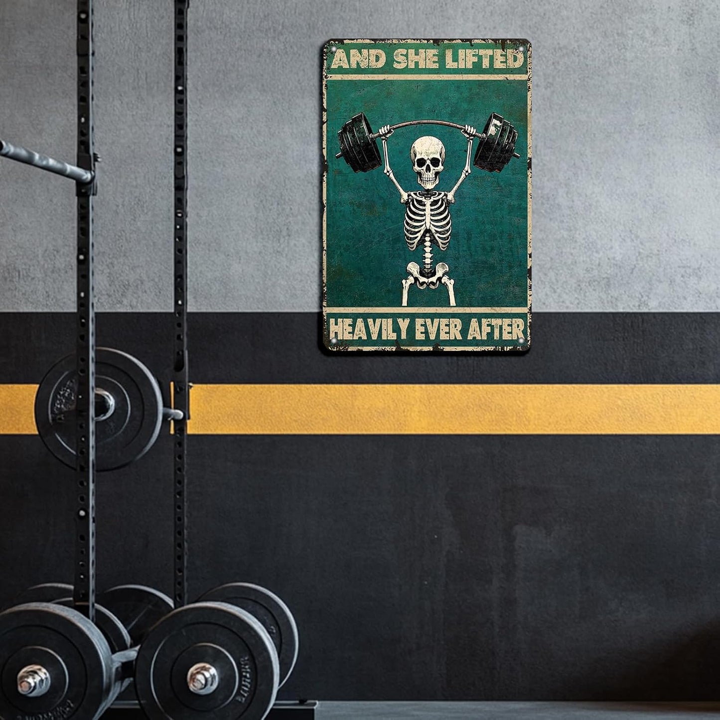 Skeleton Vintage And She Lifted Heavily Ever After Metal Tin Sign 8x12 Inch Gym Metal Poster Funny Skull Gym Tin Sign Home Kitchen Garden Bar Coffee Restaurant Bathroom Are Wall Decor