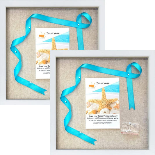 Tasse Verre 12x12 White Display Shadow Box (2-Pack) Frame w/Linen Background and 16 Stick Pins - Ready to Hang Shadowbox Picture Frame - Box Display Baby Memorabilia Wedding