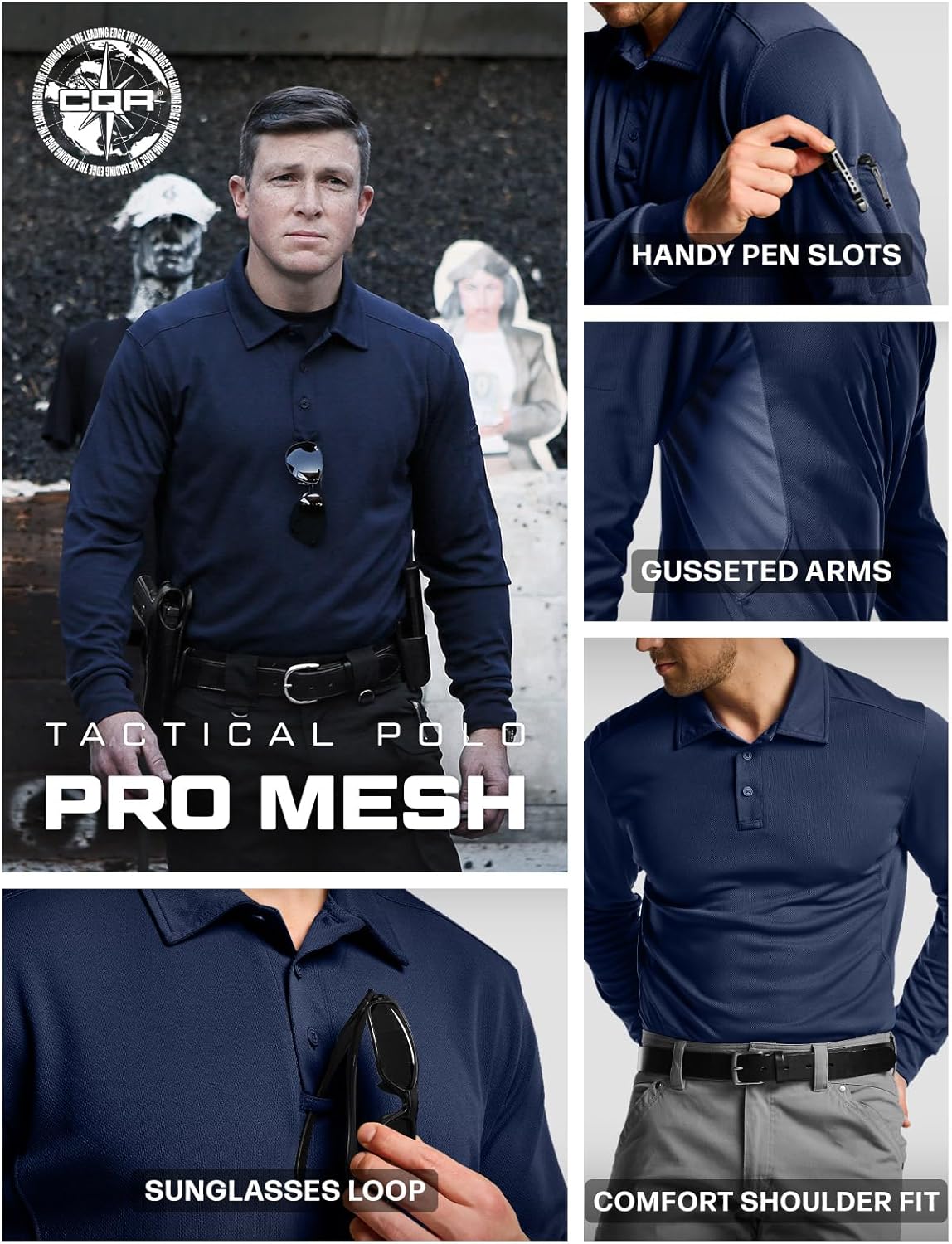CQR Men's Polo Shirt, Long Sleeve Tactical Shirts, Outdoor UPF 50+ Pique Shirt, Dry Fit Lightweight Golf Shirts