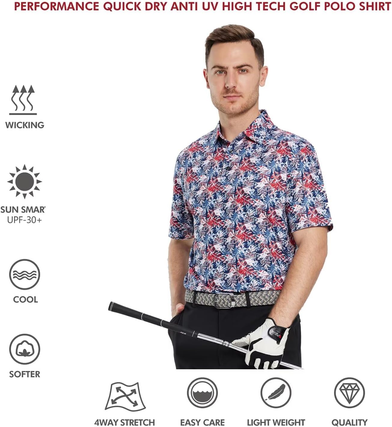 Golf Shirts for Men Dry Fit Short Sleeve Print Performance Moisture Wicking Polo Shirt