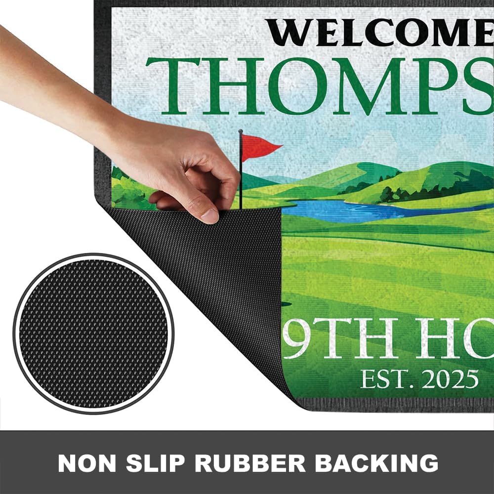Personalized Golf Doormat – Welcome Mat 19th Hole Mat with Custom Name & Year – Non-Slip Outdoor Entrance Rug for Golf Lovers – Funny Clubhouse Patio Decor – Green Fairway Theme
