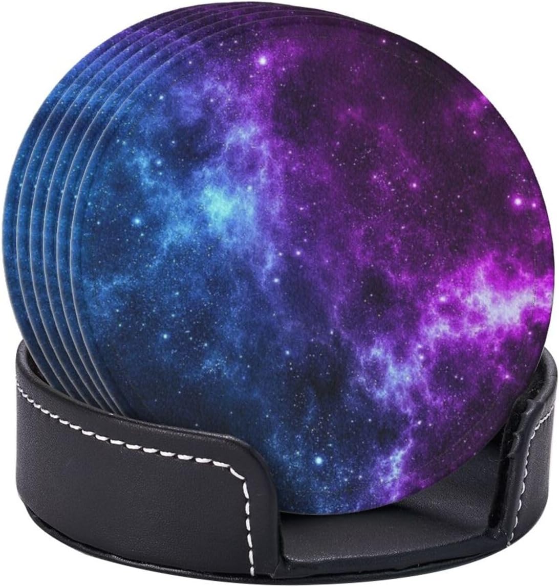 Cool Space Galaxy Blue Purple Planet Star Coasters for Drinks Round Leather Coaster with Holder Set of 6 for Tabletop Protection Desk Accessories Office Home Room Decor