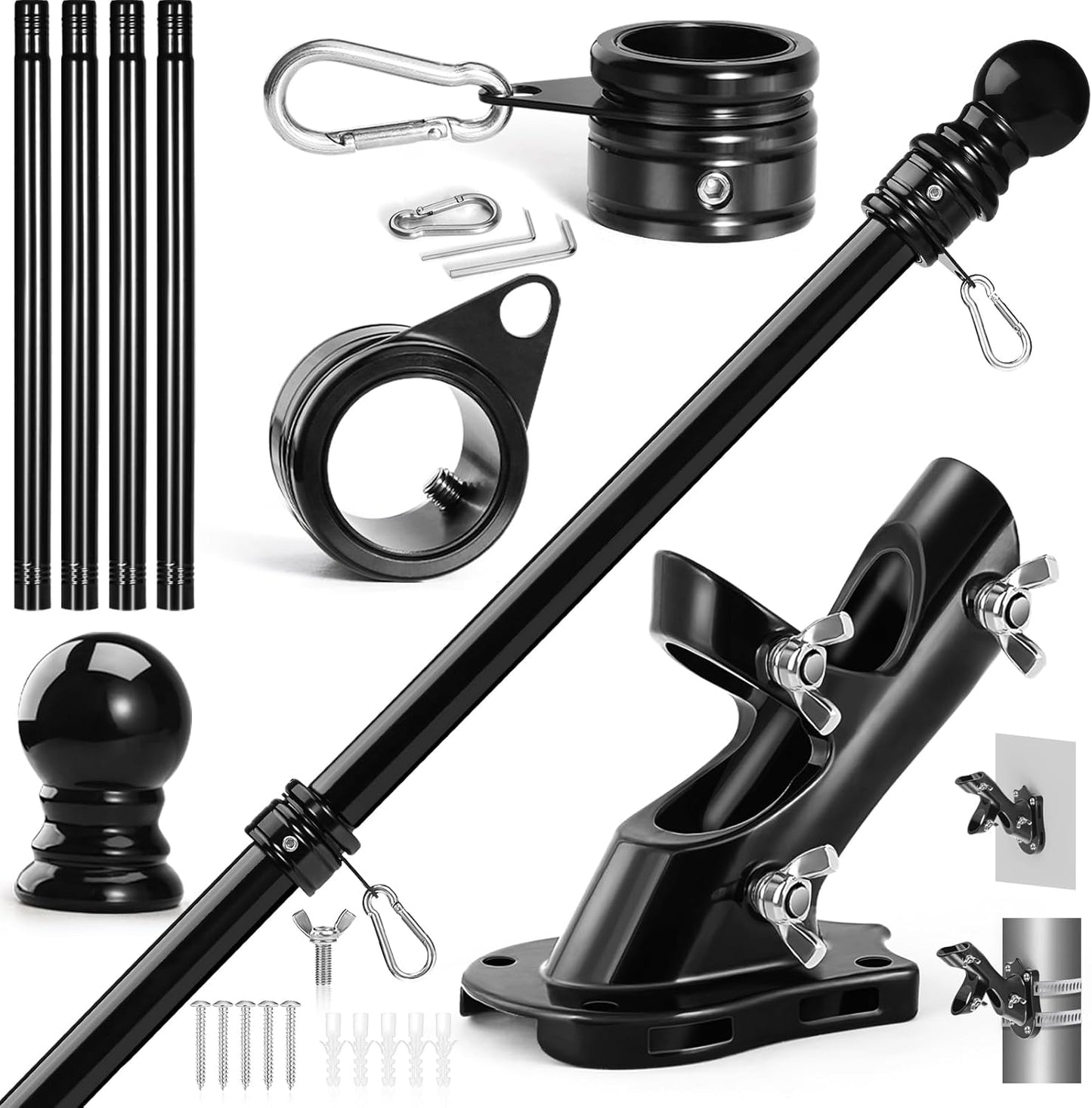 Anovo Flag Pole Kit- Stainless Steel 5 FT Flag Poles with1 Inch Metal 360° Rotating Flag Pole Rings Clip, Two-Position Flag Pole Holder Brackets Mounting for Outside House Outdoor Porch (5 FT - Black)