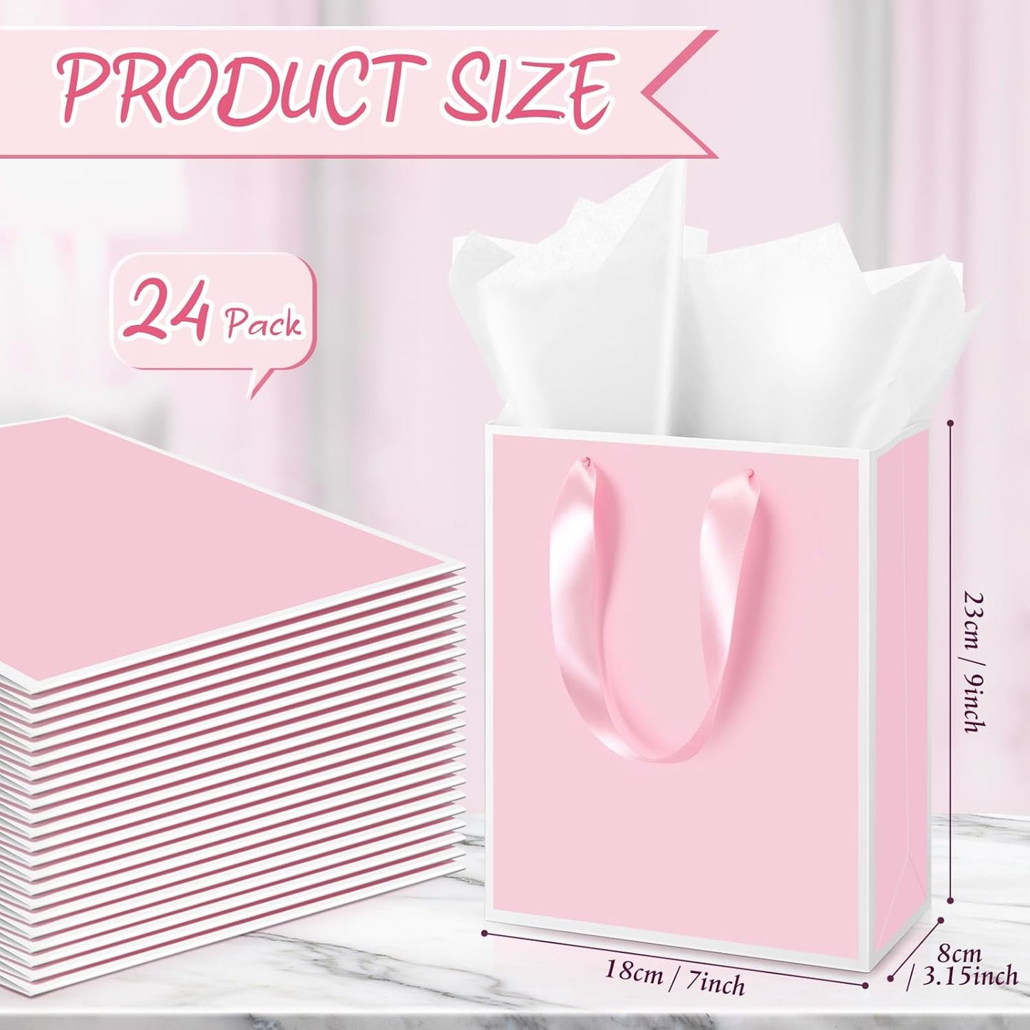 Yeaqee 24 Pack Metallic Paper Gift Bags with Handle and Tissue 9x7x3.1 Gold Foil Welcome Favor Bags Return Gifts for Wedding Fall 5 Senses Christmas Bridesmaid Birthday(Pink and White)