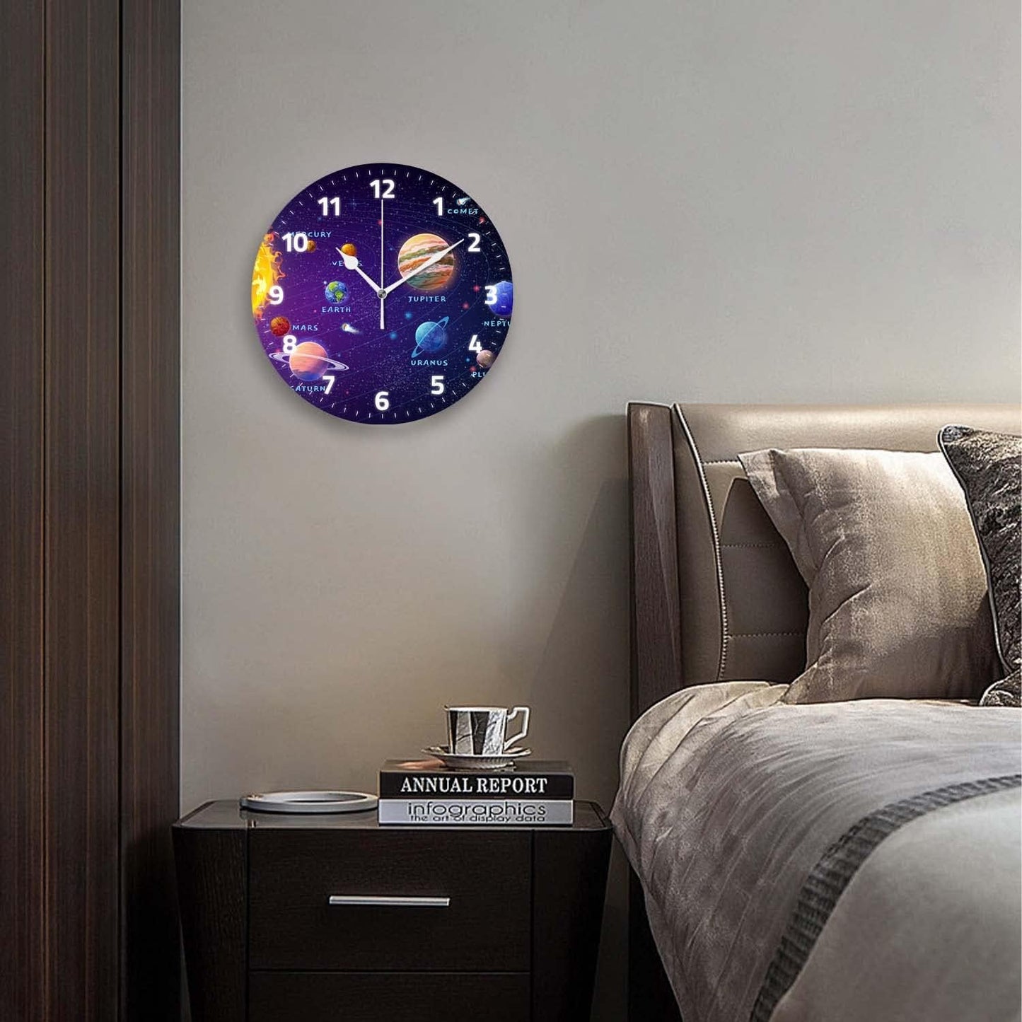 Battery Operated Wall Clocks 12 Inch,Solar System Dark,Silent Home Decor for Bathroom,Living Room,Bedroom