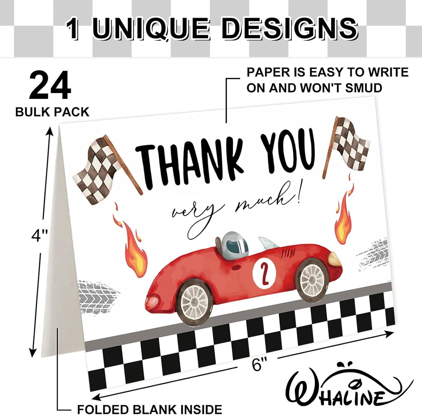 Whaline 24 Pack Race Car Thank You Cards Red Racing Theme Note Card with Envelopes Stickers Black White Plaid Greeting Blank Card for Birthday Baby Shower