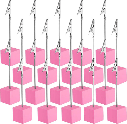 PATIKIL Place Card Holder, 20Pcs Memo Clip Holder Stand with Alligator Clasp Table Number Holders Wooden Base for Pictures Note Card Paper, Pink