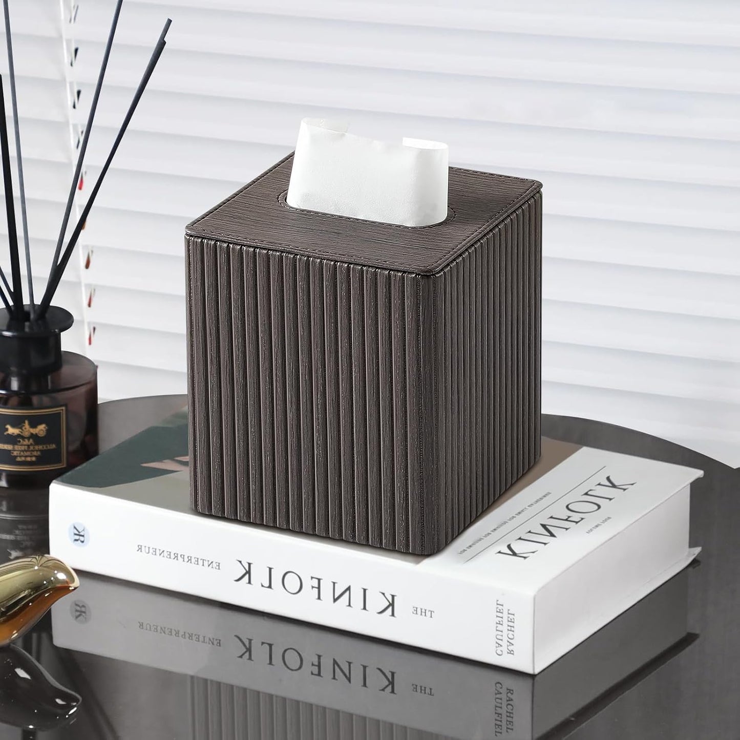 PU Leather Tissue Box Cover Square Tissue Box Holder with Magnetic Closure (Dark Brown)