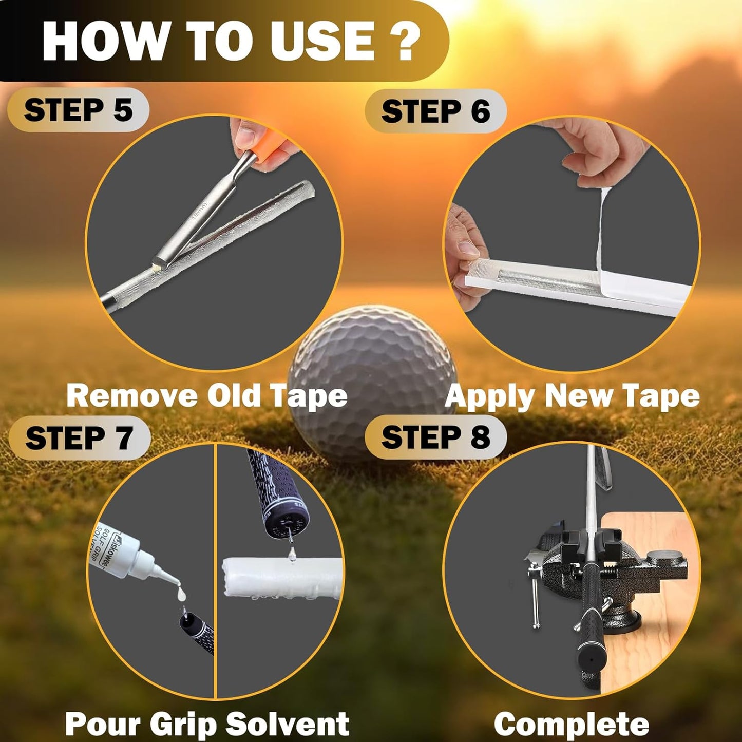 Golf Club Grip Vise Clamp Kit, 360° Swivel Portable Table Vise, Golf Club Calibration Tool, Club Grip Replacement Tool, Suitable for Golf Club Grips (with Solvent)