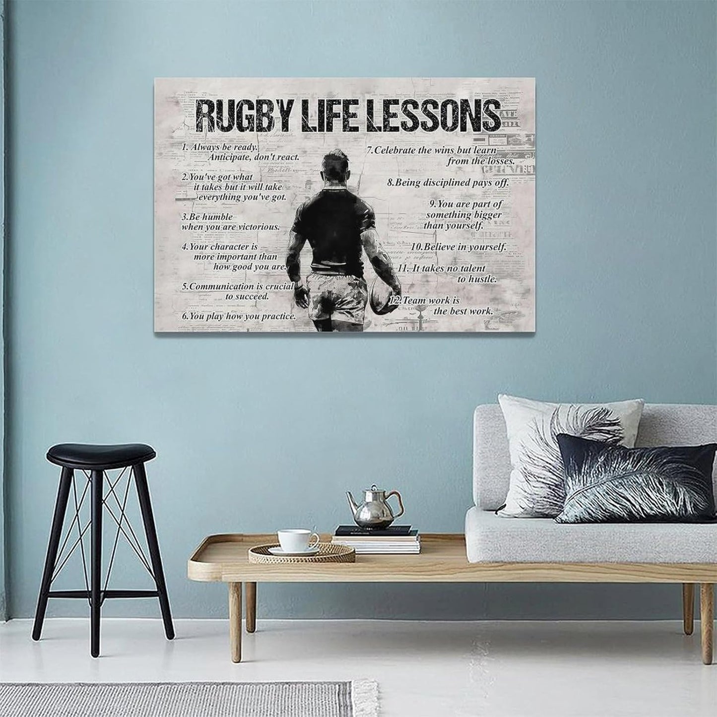 Rugby Life Lessons Wall Art Rugby Sports Wall Decor Rugby Sign Retro Poster Boy Men Motivational Decorations Canvas Print Painting Artwork for Bedroom Bathroom Living Room Gym 24"x16"