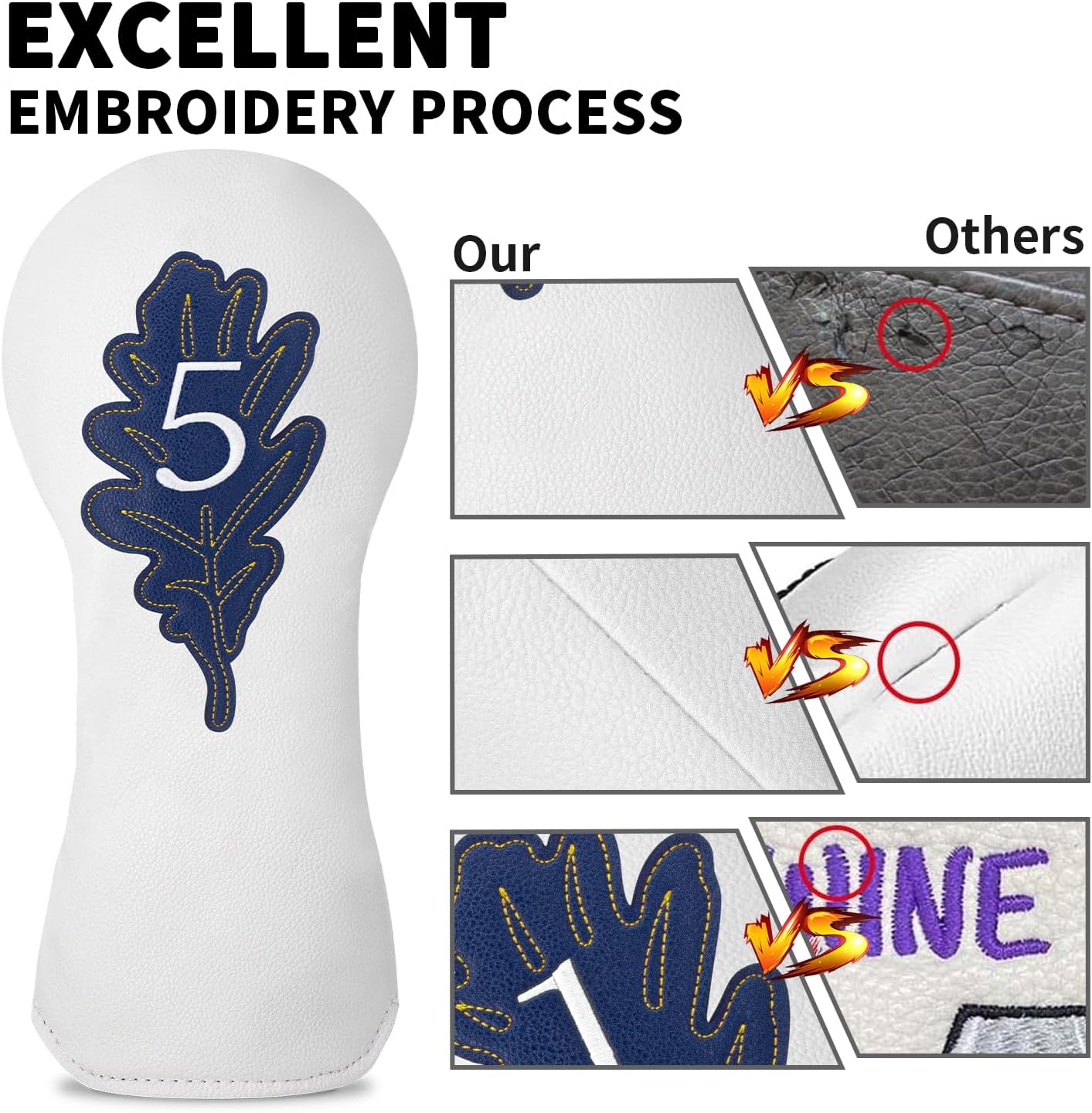 Golf Maple Leaves Head Cover Golf Club White Leather Headcovers Set Fits Driver Fairway Wood Hybrid Utility Putter Iron Wedge Headcover.