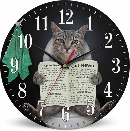 Mxocom Funny Cat Wall Clock Gray Cat Reading Newspaper Bathroom White Toilet Bowl 10 Inch Silent Non Ticking Battery Operated Clock Vintage Round Clock for Living Room Bedroom Bathroom Office Decor