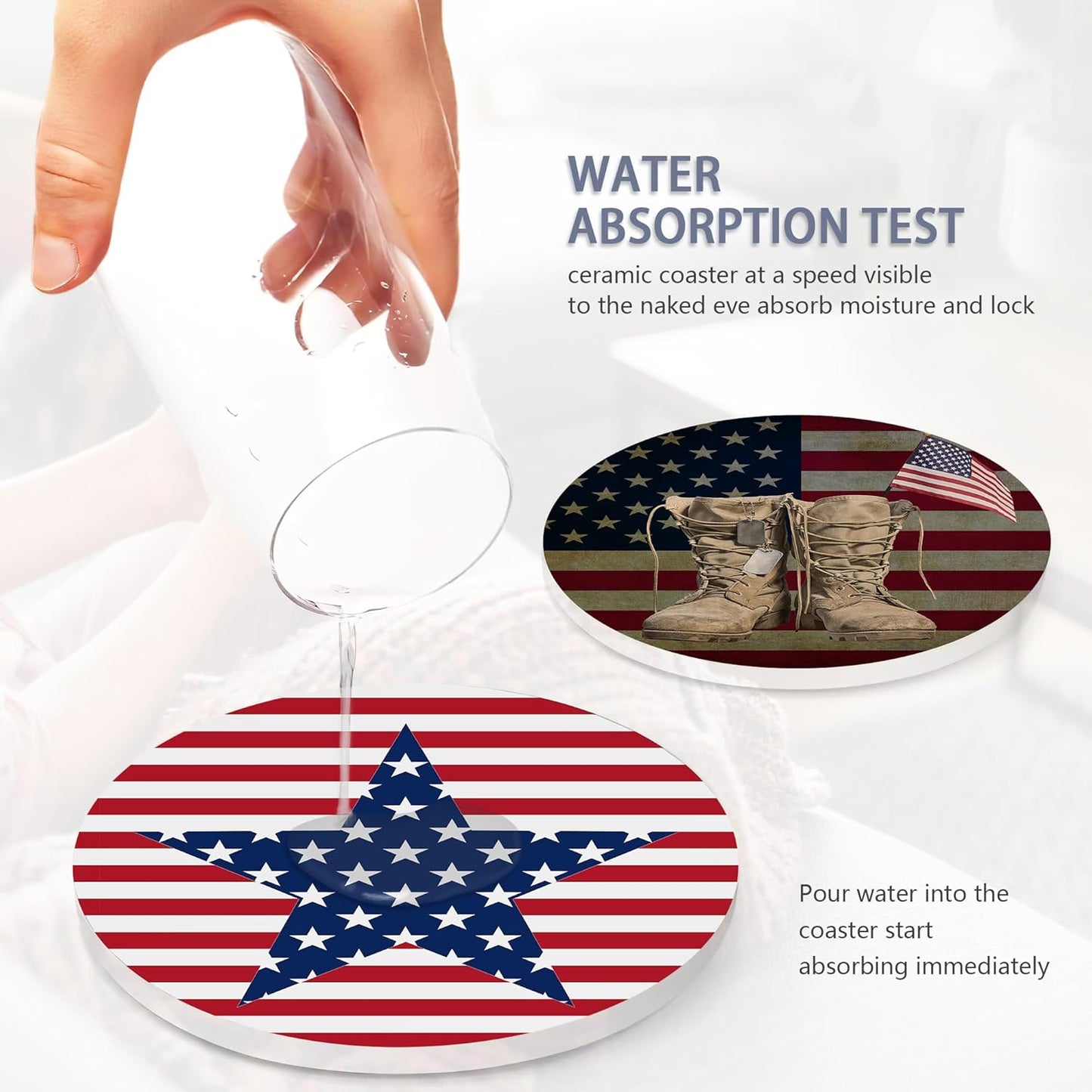 Drink Coasters Set of 6 with Holder, American Flag Eagle Absorbent Ceramic Drink Coaster for Tabletop Protection,Suitable for Kinds of Cups,Drinks Coasters for Home Office Decoration(4 Inches)