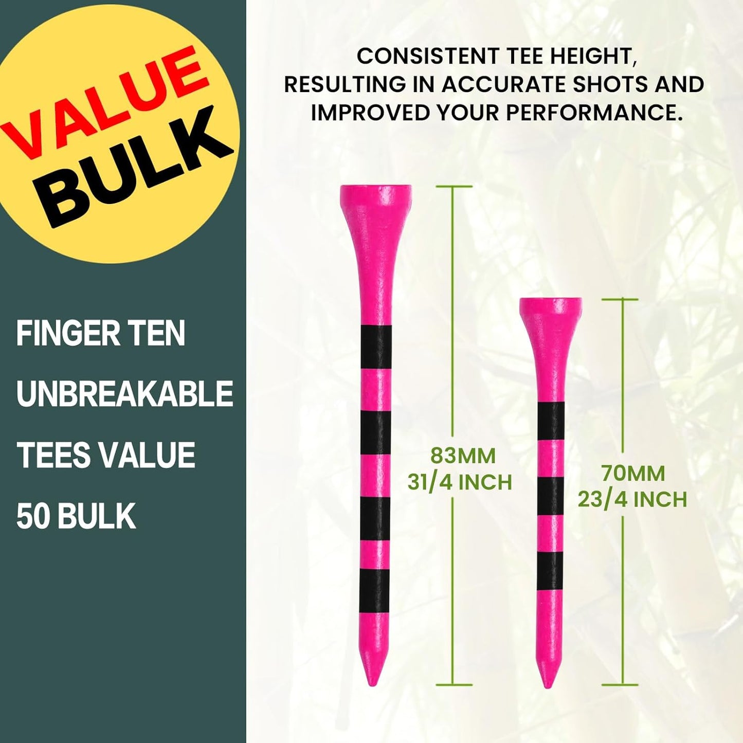 FINGER TEN Golf Tees Wood 3 1/4 2 3/4 Inch Wooden Bamboo 50/120 Count, Durable Biodegradable Colored Bulk Tee 70mm 83mm