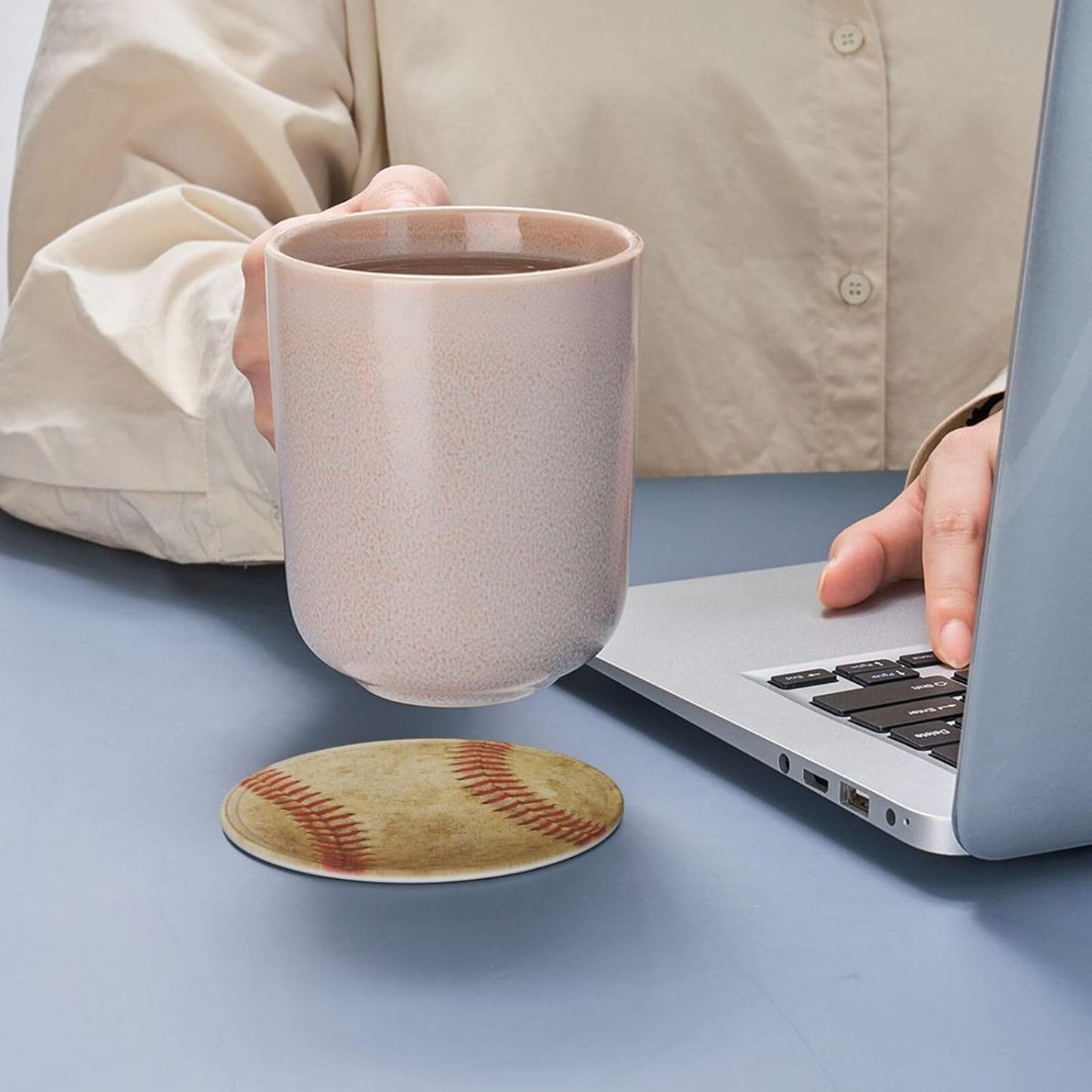 6 Pcs Baseball Drink Coasters with Holder Coasters for Drinks Coffee Table Home Decor Housewarming Gift